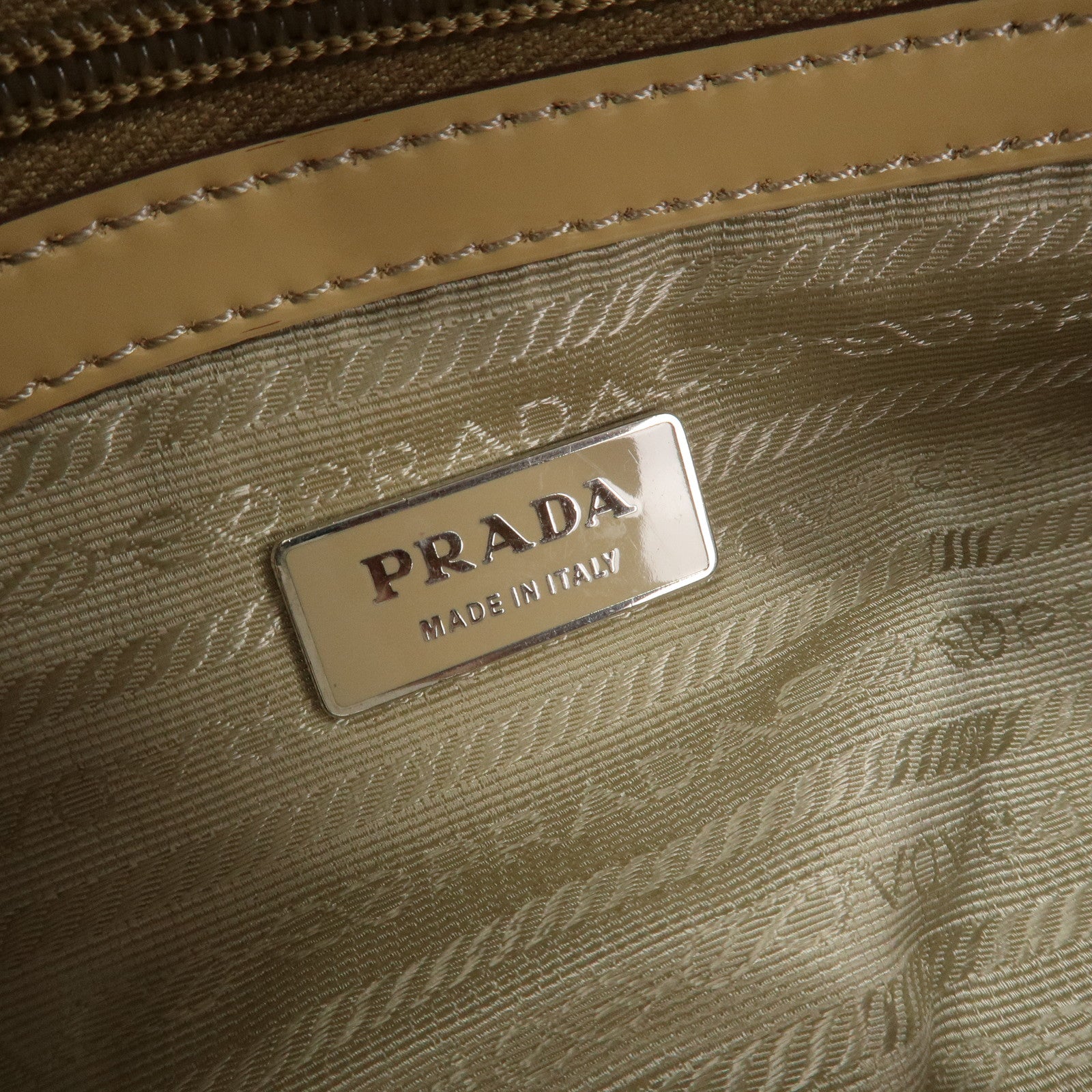 PRADA Logo Nylon Patent Leather Mini Boston Bag Beige BR3150