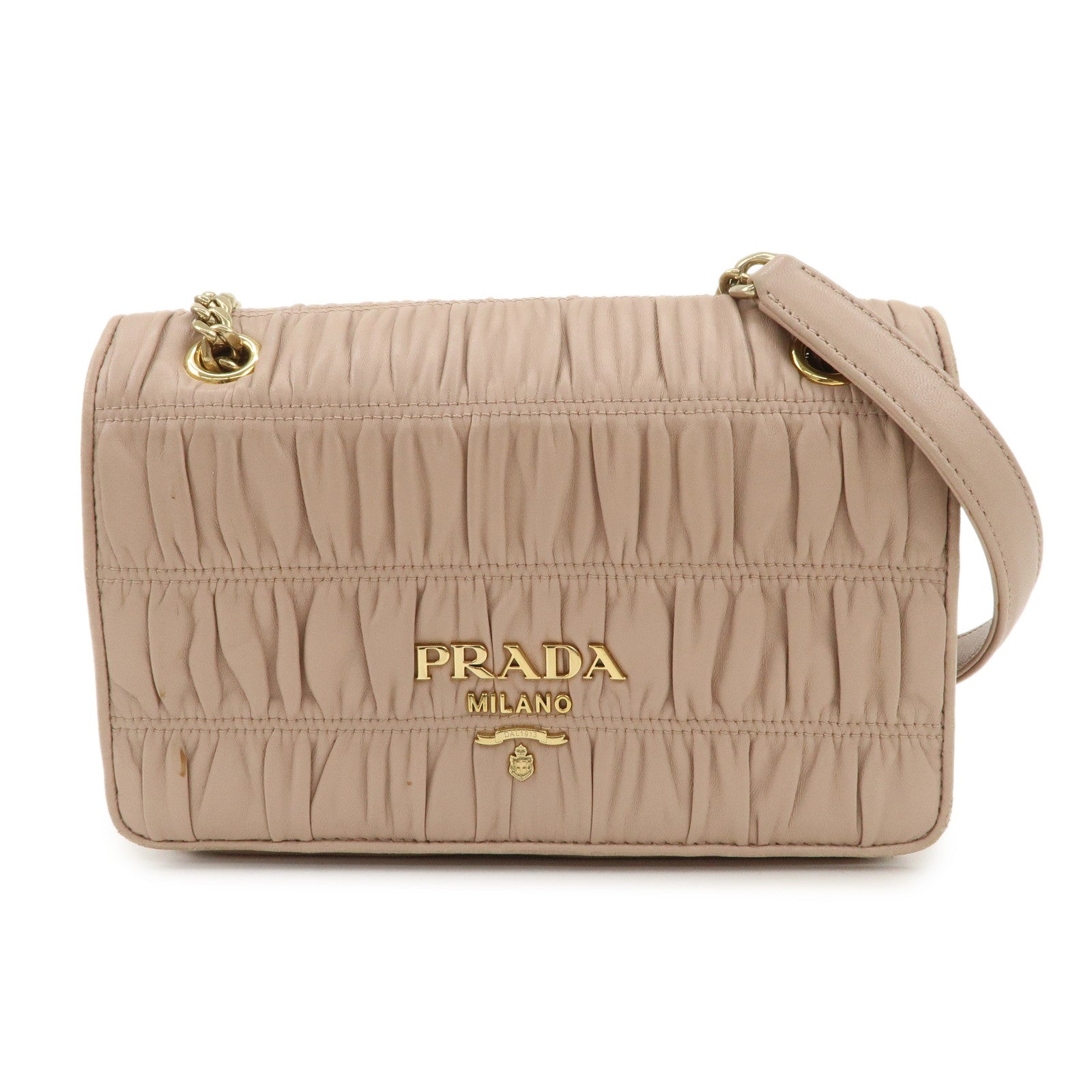 PRADA Logo Leather Gathered Chain Shoulder Bag Pink Beige 1BD147