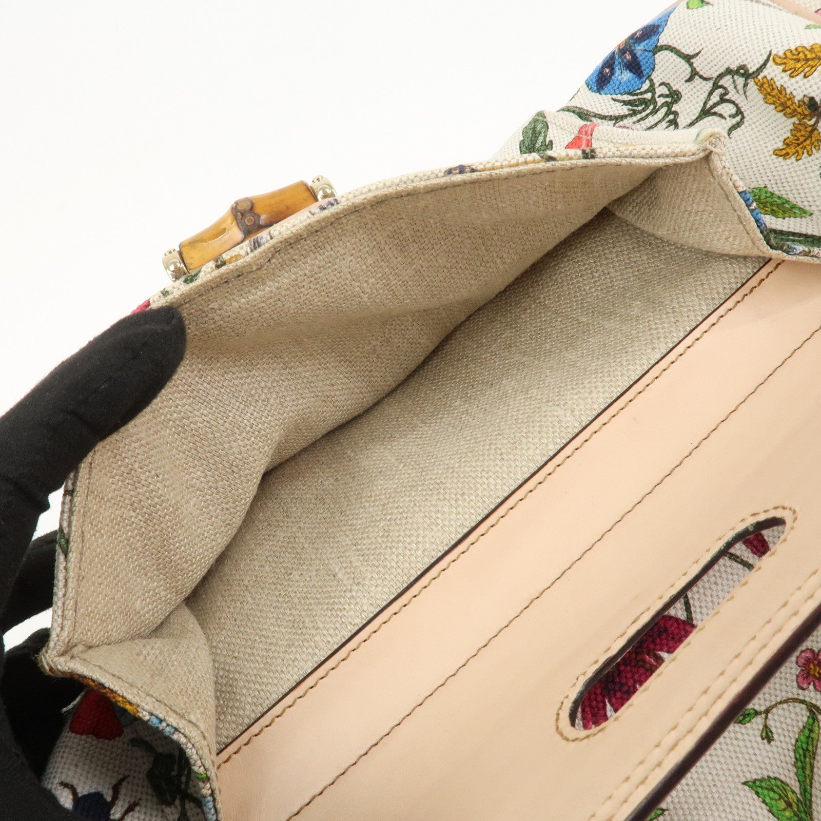 GUCCI Bamboo Canvas Leather Shoulder Bag Flora Ivory Pink 137383
