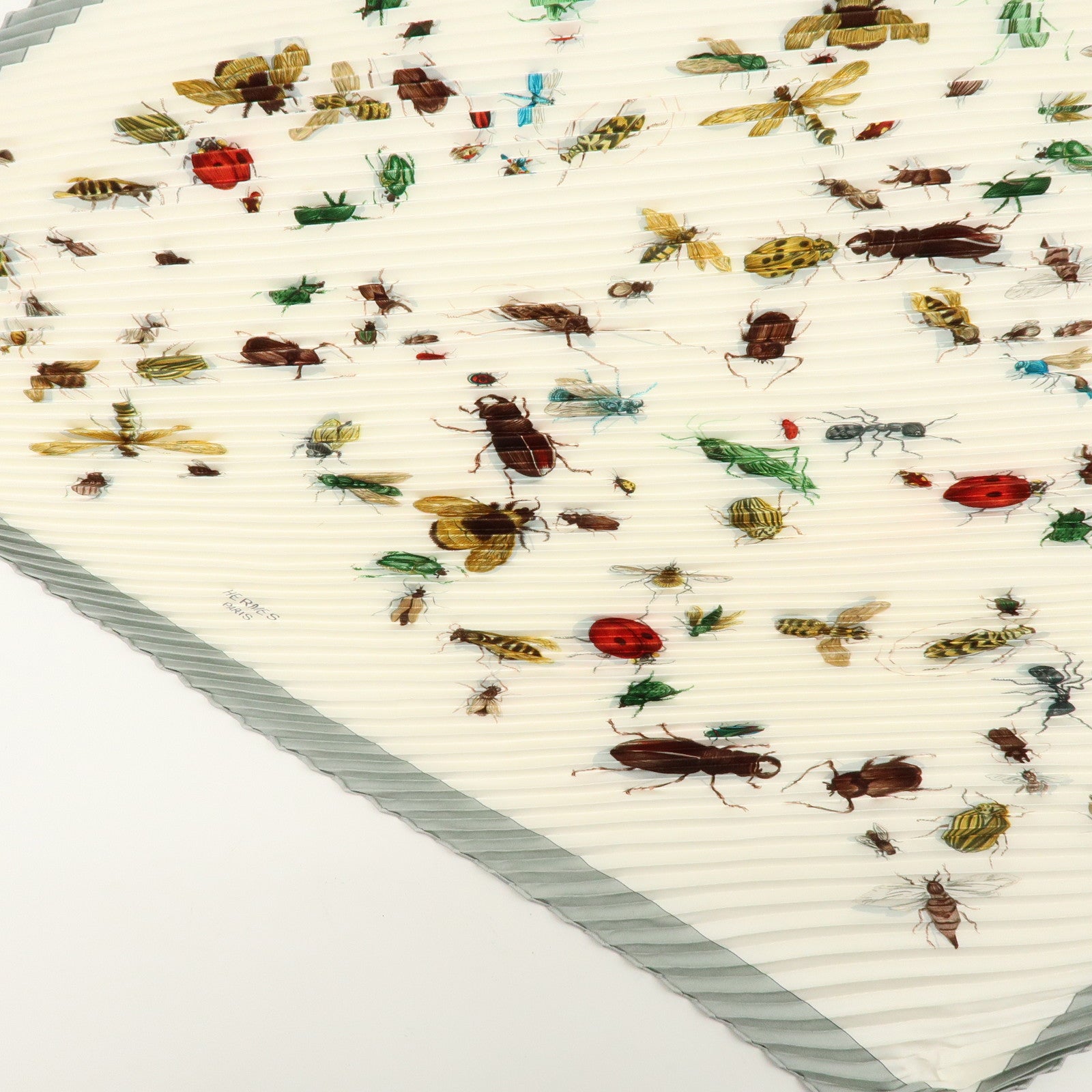 HERMES Pleats Carre Silk 100% Scarf Insect Ivory Grey Multicolor