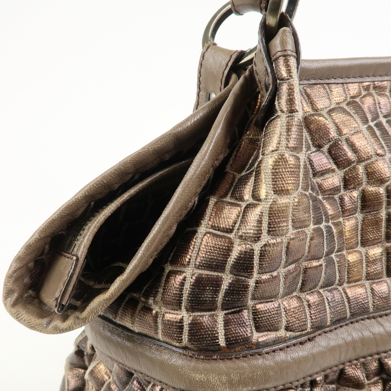 FENDI Embossed Leather Gathered Shoulder Bag Tote Bag Brown 8BH186