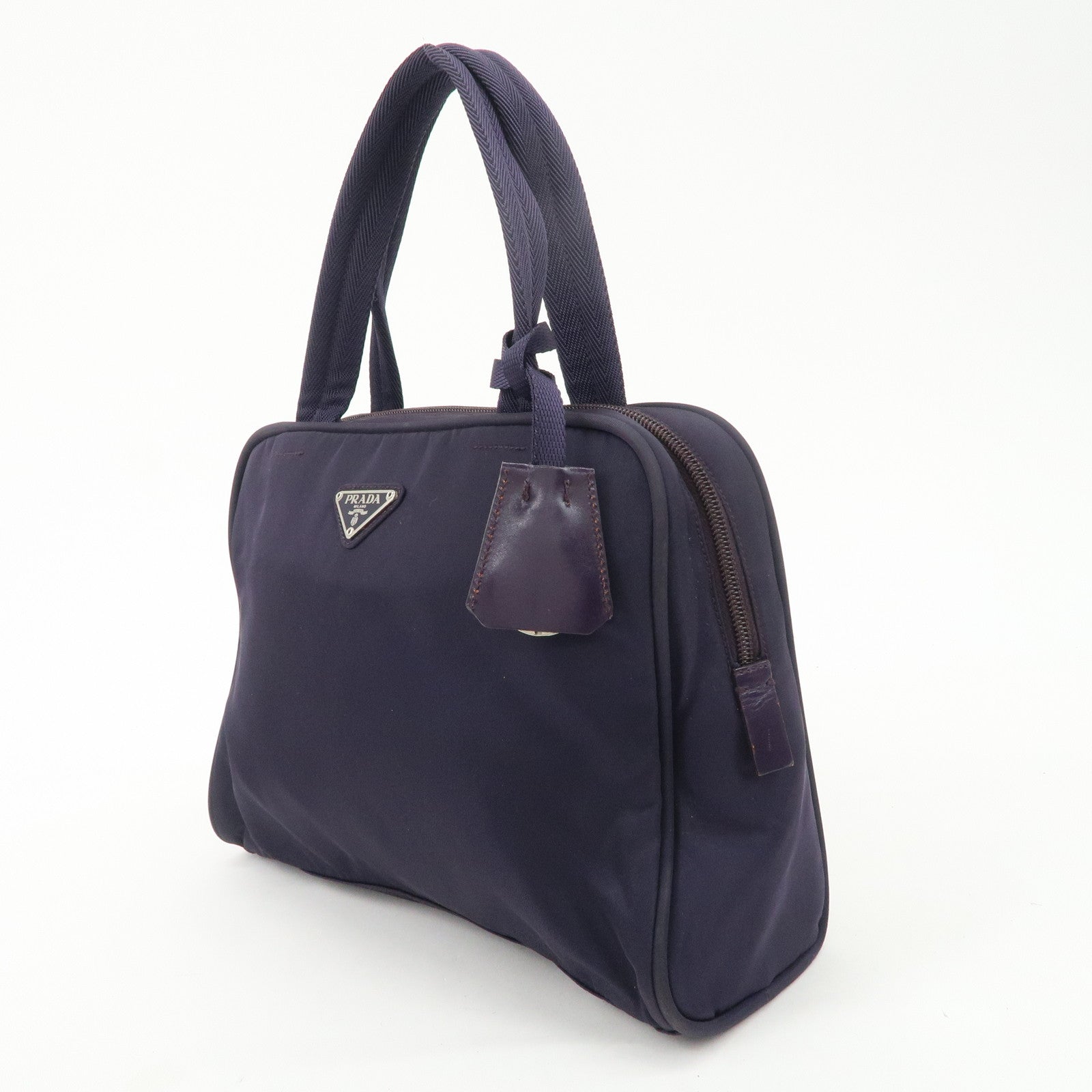 PRADA Triangle Logo Leather Nylon Hand Bag Purple B8495