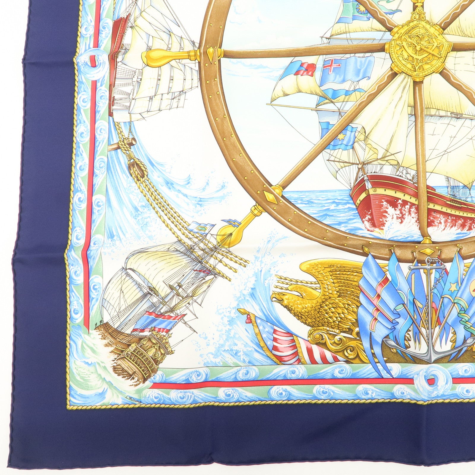 HERMES Carre 90 Silk 100% Scarf Vive Le Vent Blue Navy White Used