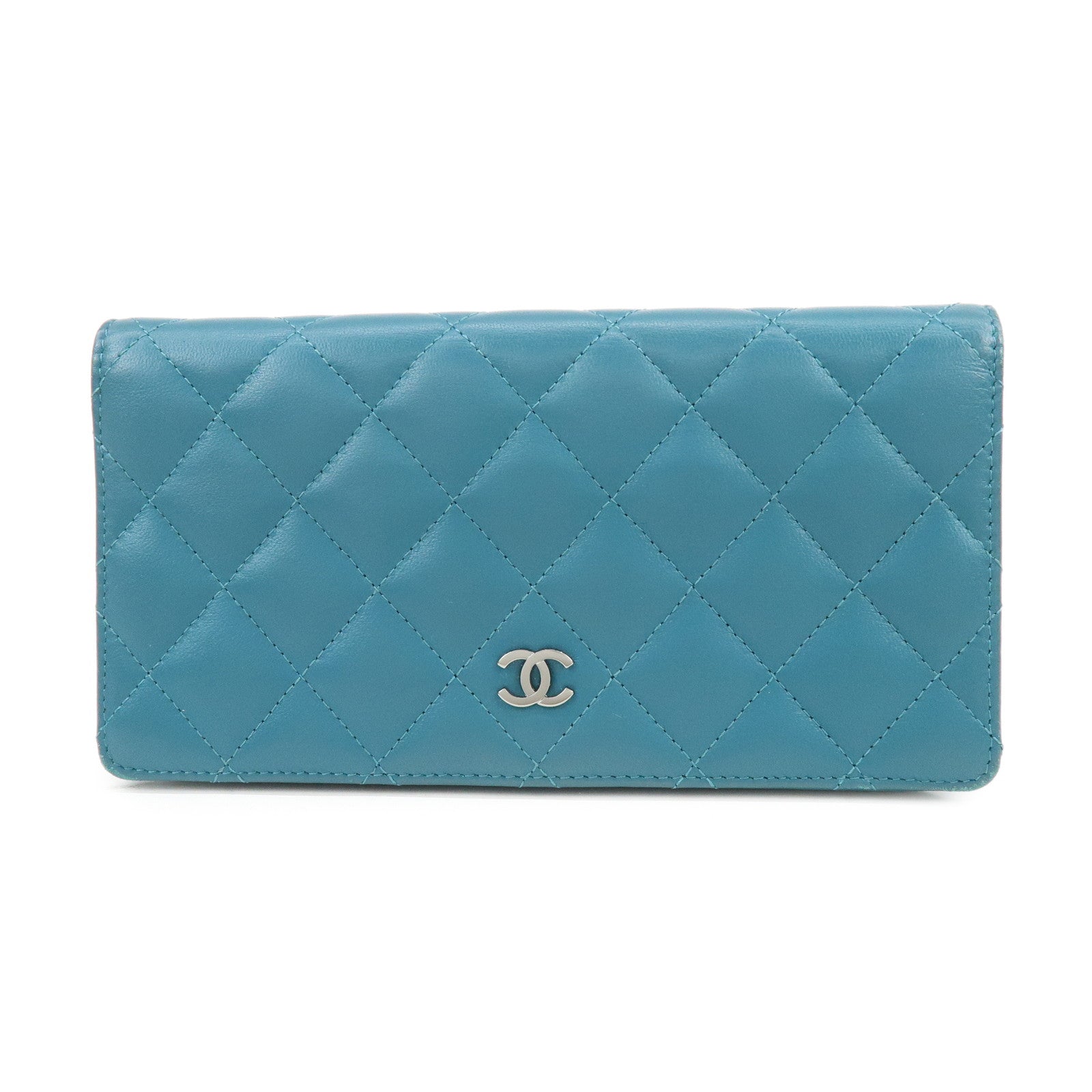 CHANEL COCO Mark Matelasse Lamb Skin Bi-fold Flap Long Wallet Blue
