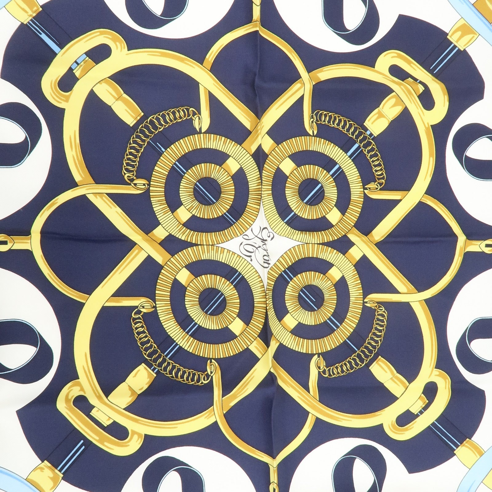 HERMES Carre 90 Silk 100% Eperon d'or Scarf White Navy