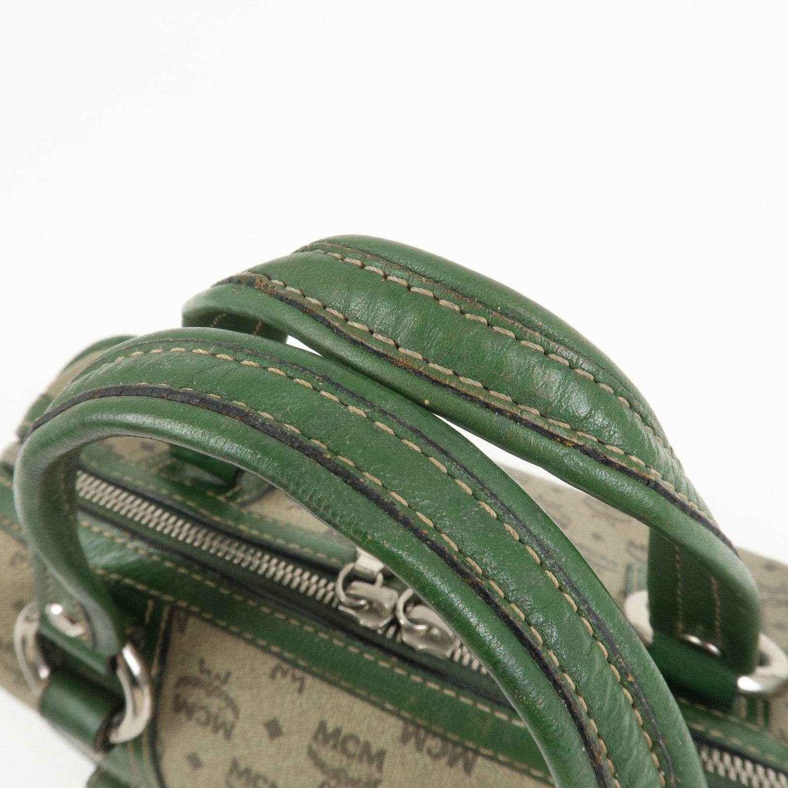 MCM Visetos PVC Coating Canvas Leather Boston Bag Beige Green
