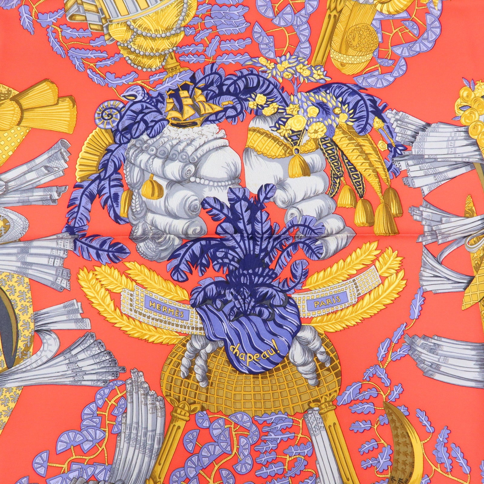 HERMES Carre 90 Silk 100% Scarf Chapeau Red Yellow