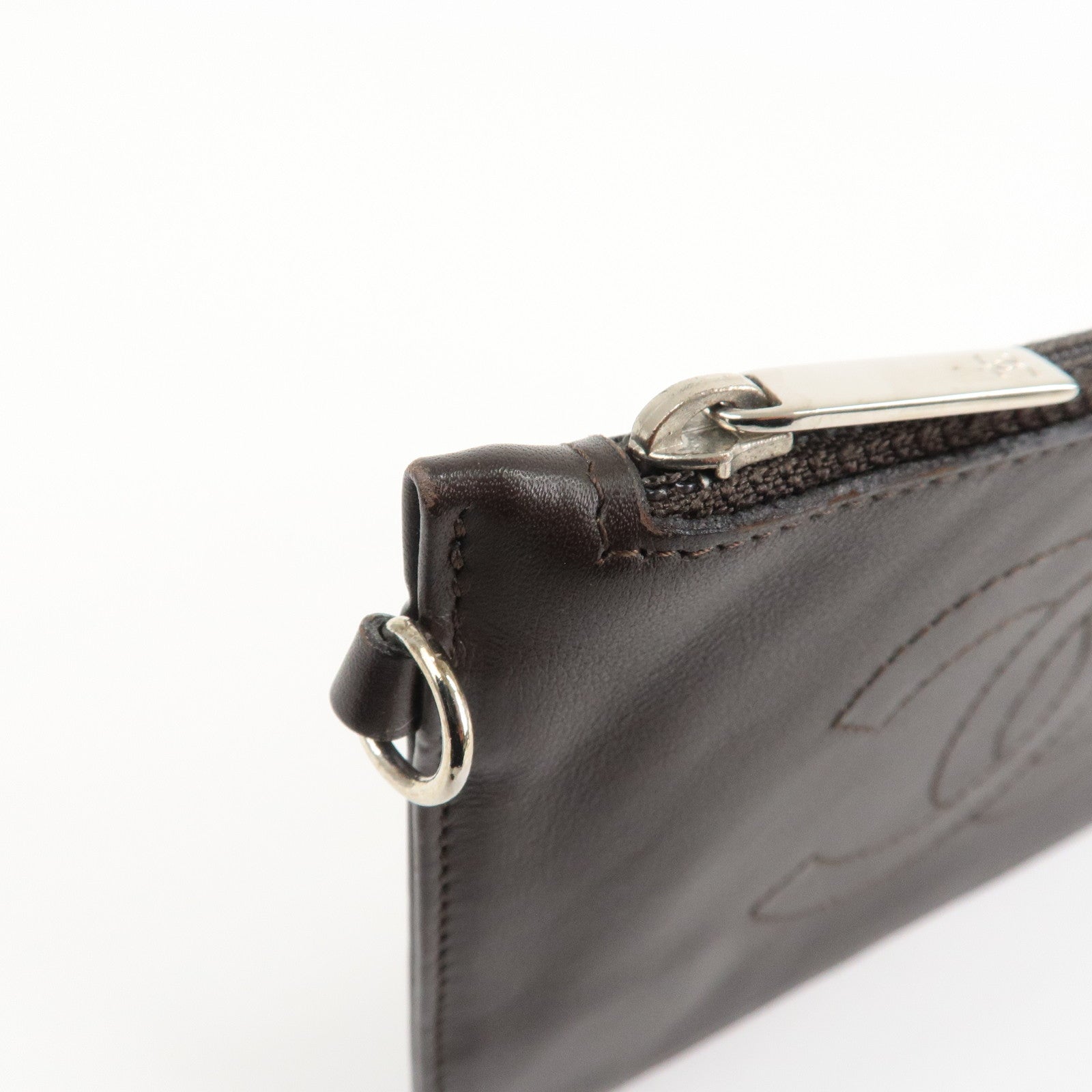 CHANEL Lamb Skin COCO Mark Pouch Silver Hardware Brown A25183 Used