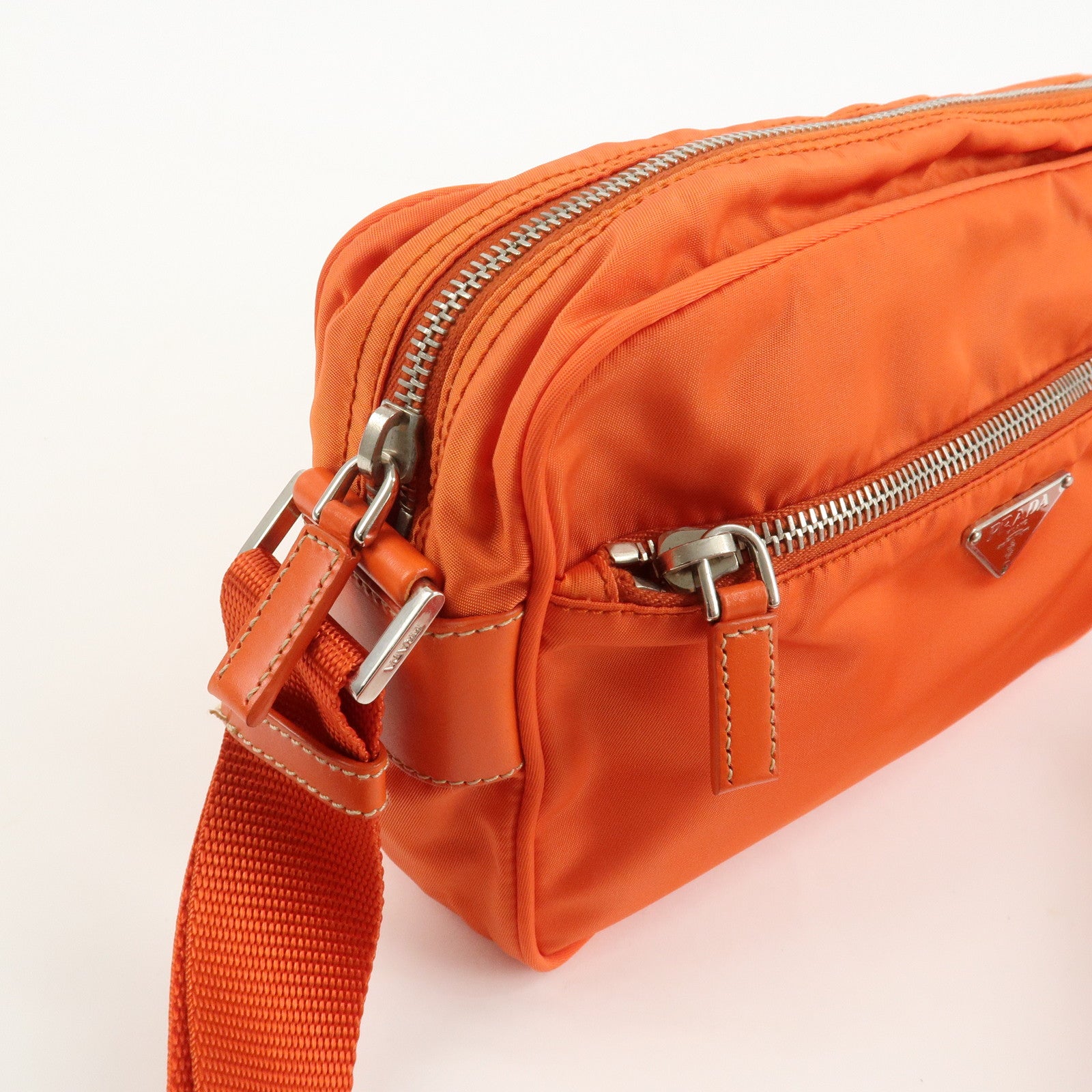 PRADA Triangle Logo Leather Nylon Shoulder Bag Orange Used