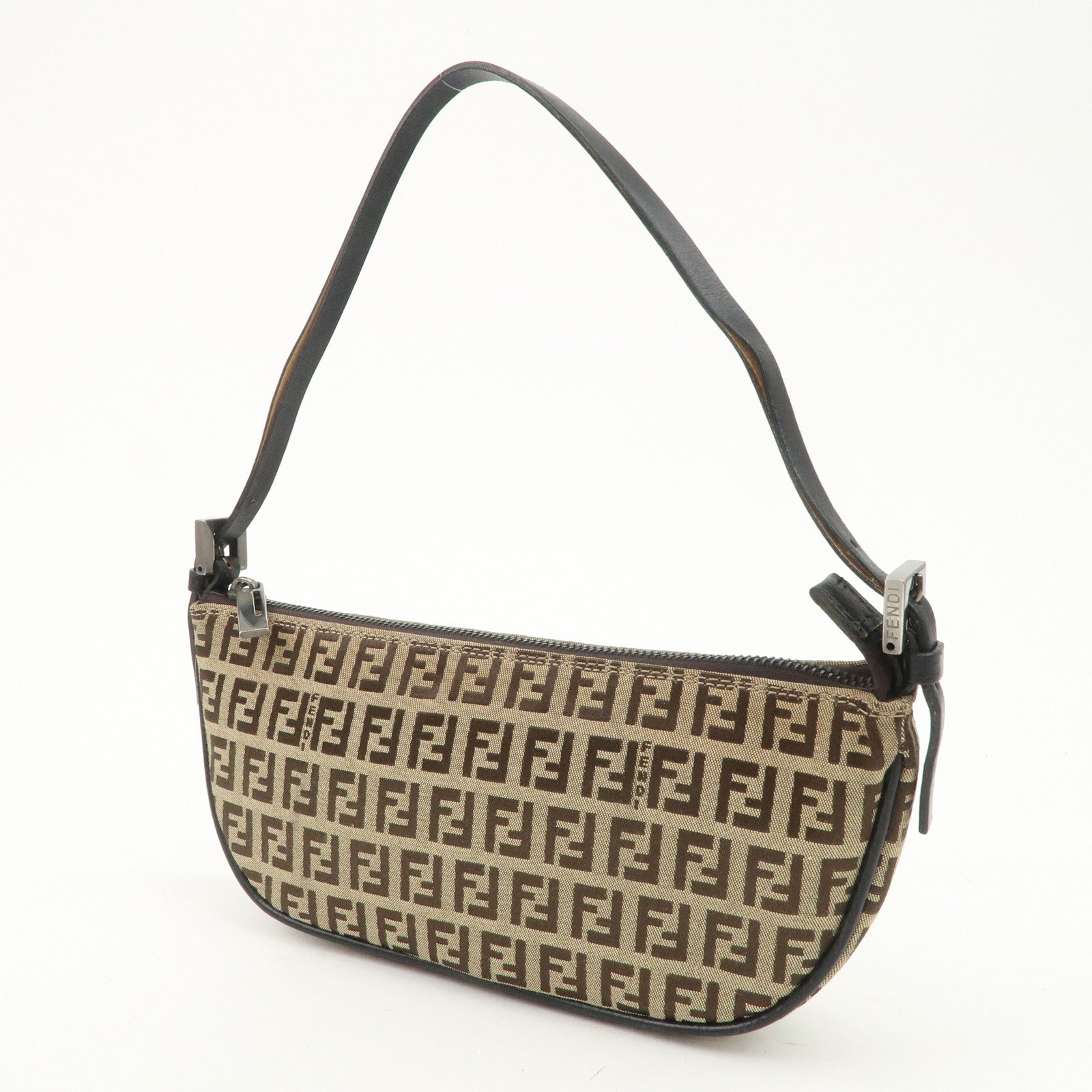 FENDI Zucchino Canvas Leather Shoulder Bag Brown Beige 8BR133 Used