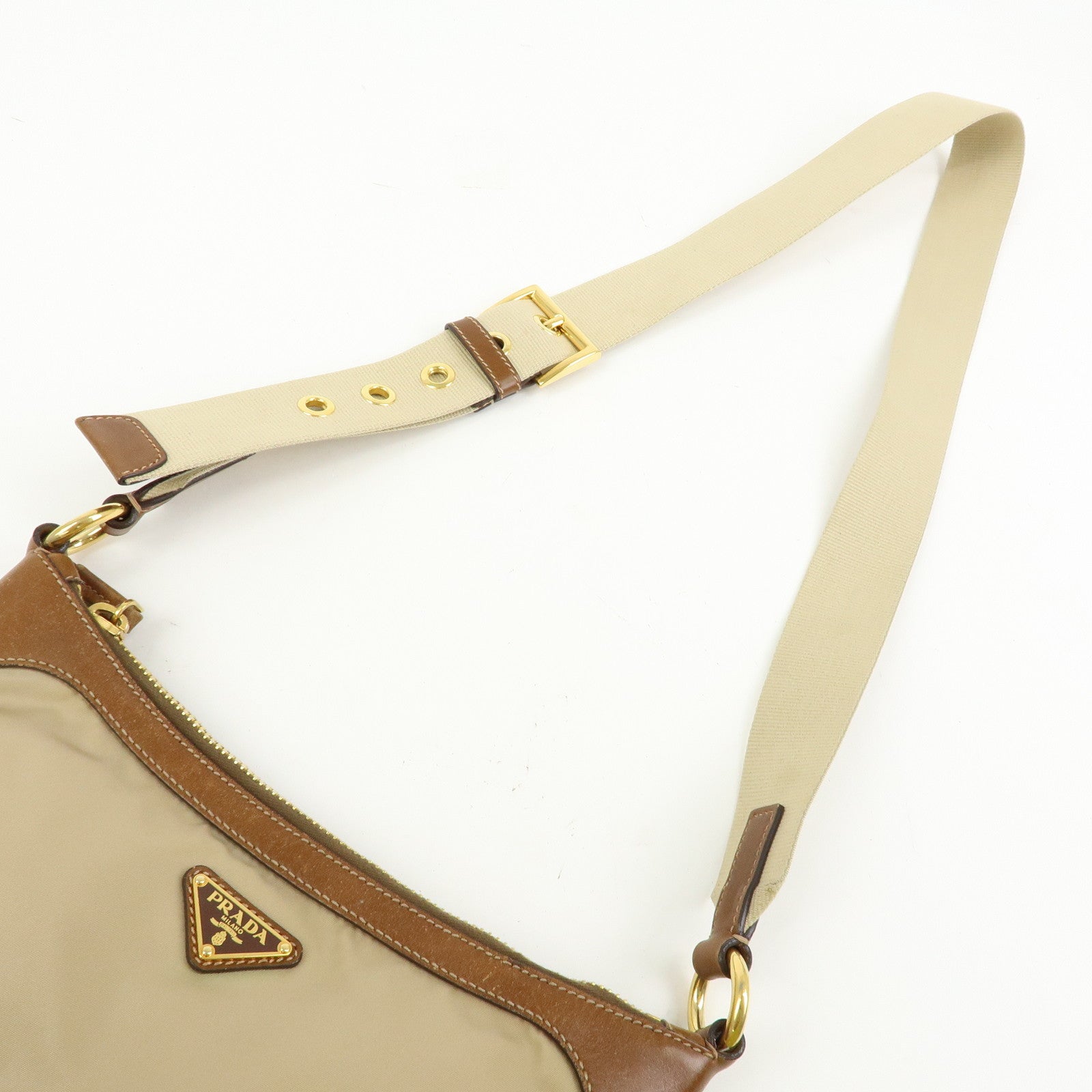PRADA Triangle Logo Nylon Leather Shoulder Bag Crossbody Bag Beige