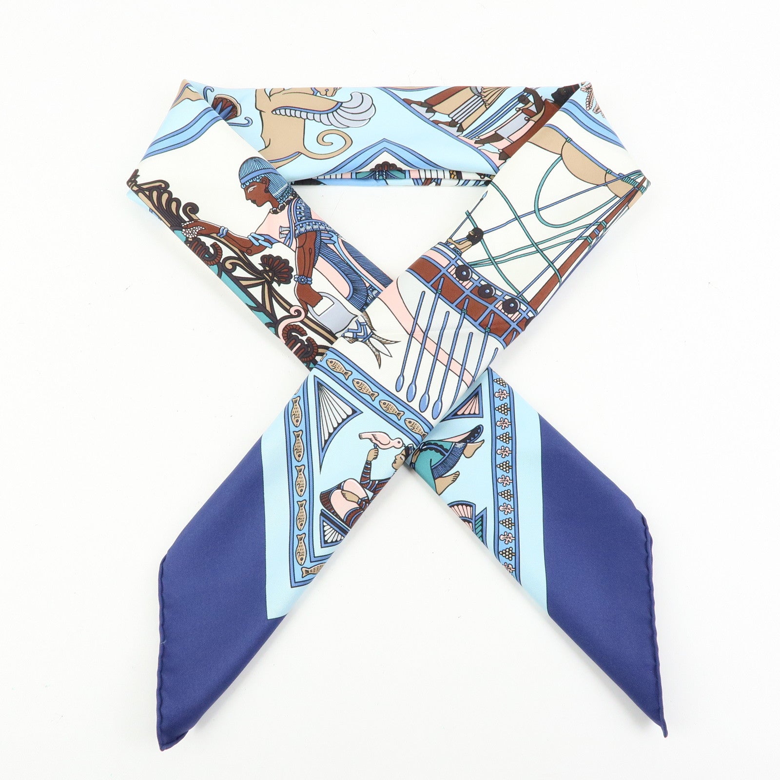 HERMES Carre 90 Silk 100% Scarf PERSEPOLIS Persian Print Brown Blue