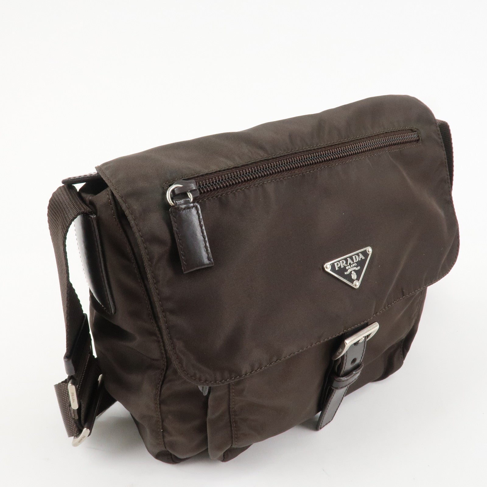 PRADA Triangle Logo Nylon Leather Shoulder Bag Crossbody Bag Brown Used