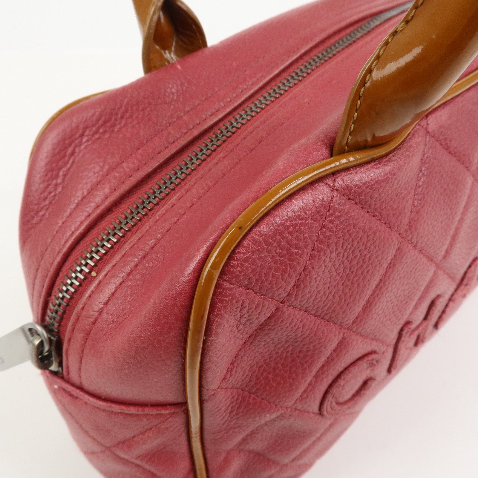 CHANEL Matelasse Leather Patent Leather Mini Boston Bag Pink Brown