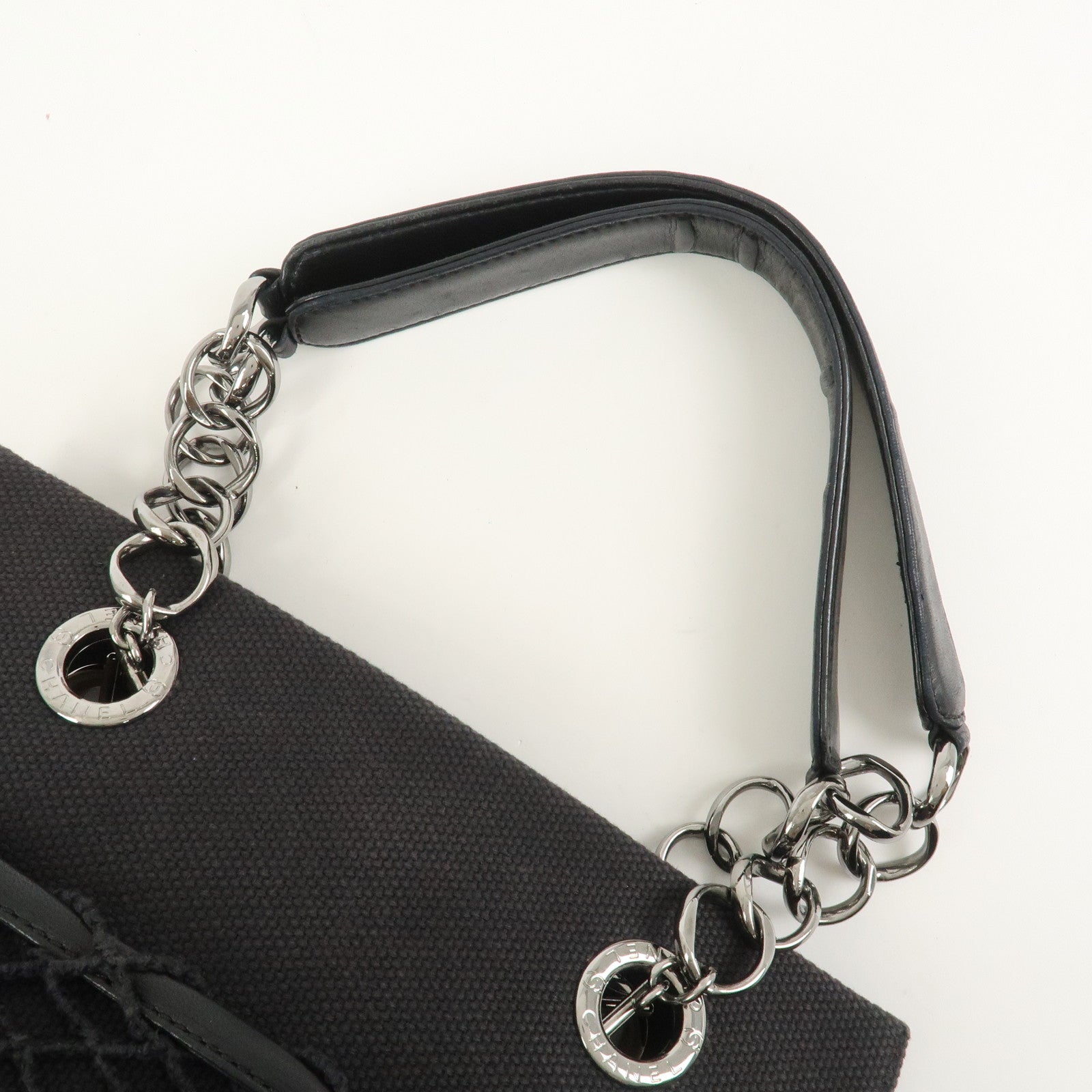 CHANEL Chocolate Bar Lamb Skin Canvas Shoulder Bag Hand Bag Black