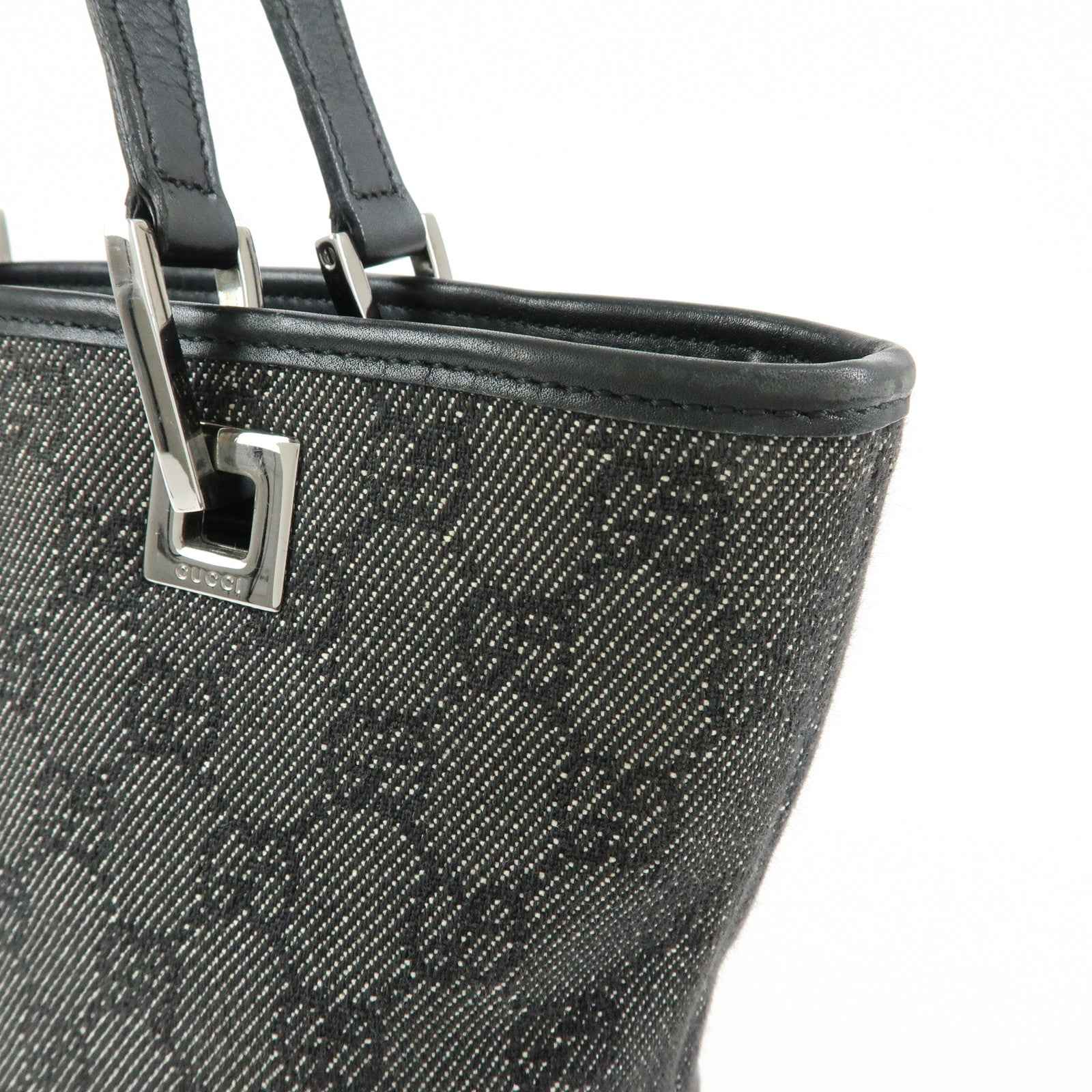 GUCCI GG Denim Leather Tote Bag Shoulder Bag Black 31244