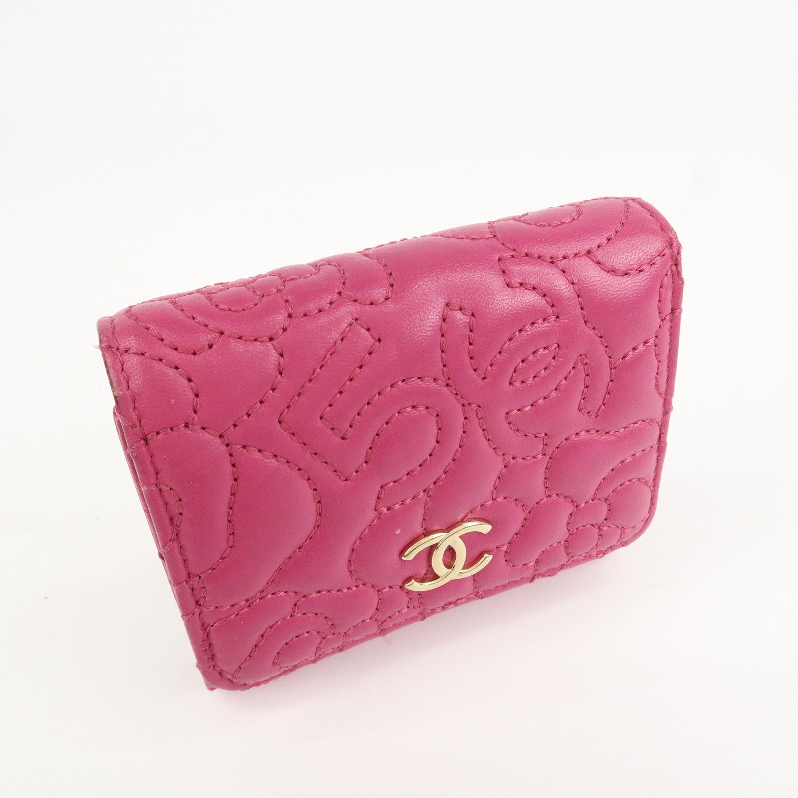 CHANEL Camellia No.5 Lamb Skin Leather Compact Wallet Pink A70615