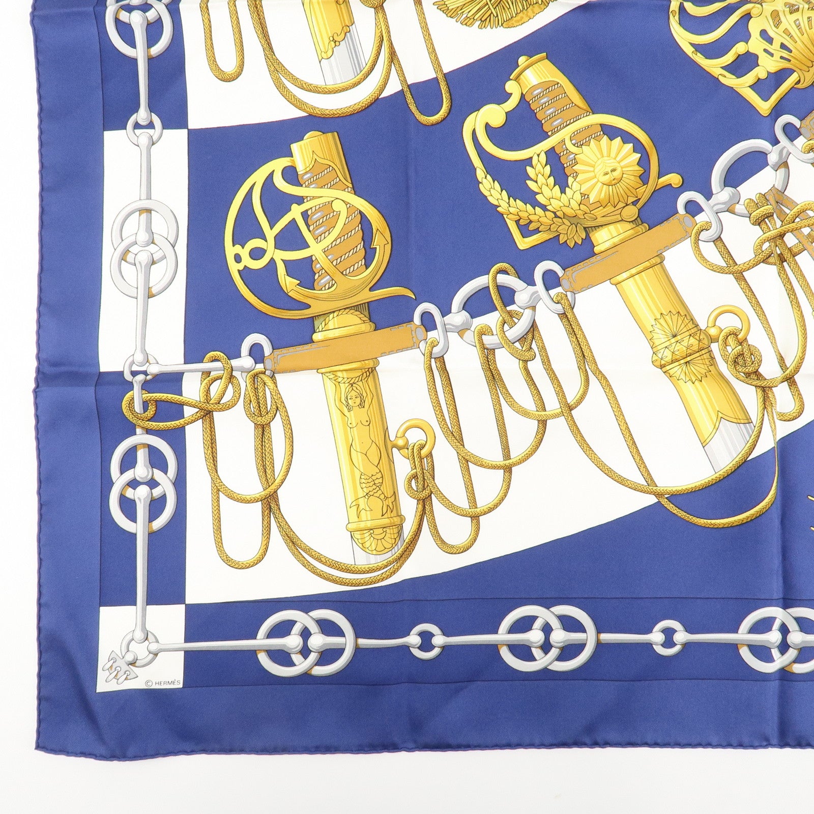 HERMES Carre 90 Silk 100% Scarf Cliquetis Gold Navy White Used