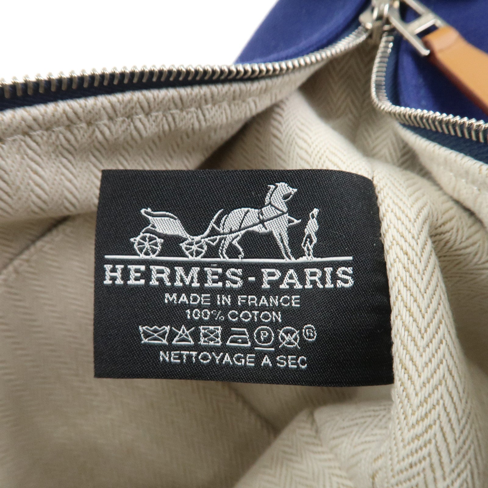 HERMES Bride A Brac PM Canvas Leather Hand Bag Pouch Navy Green