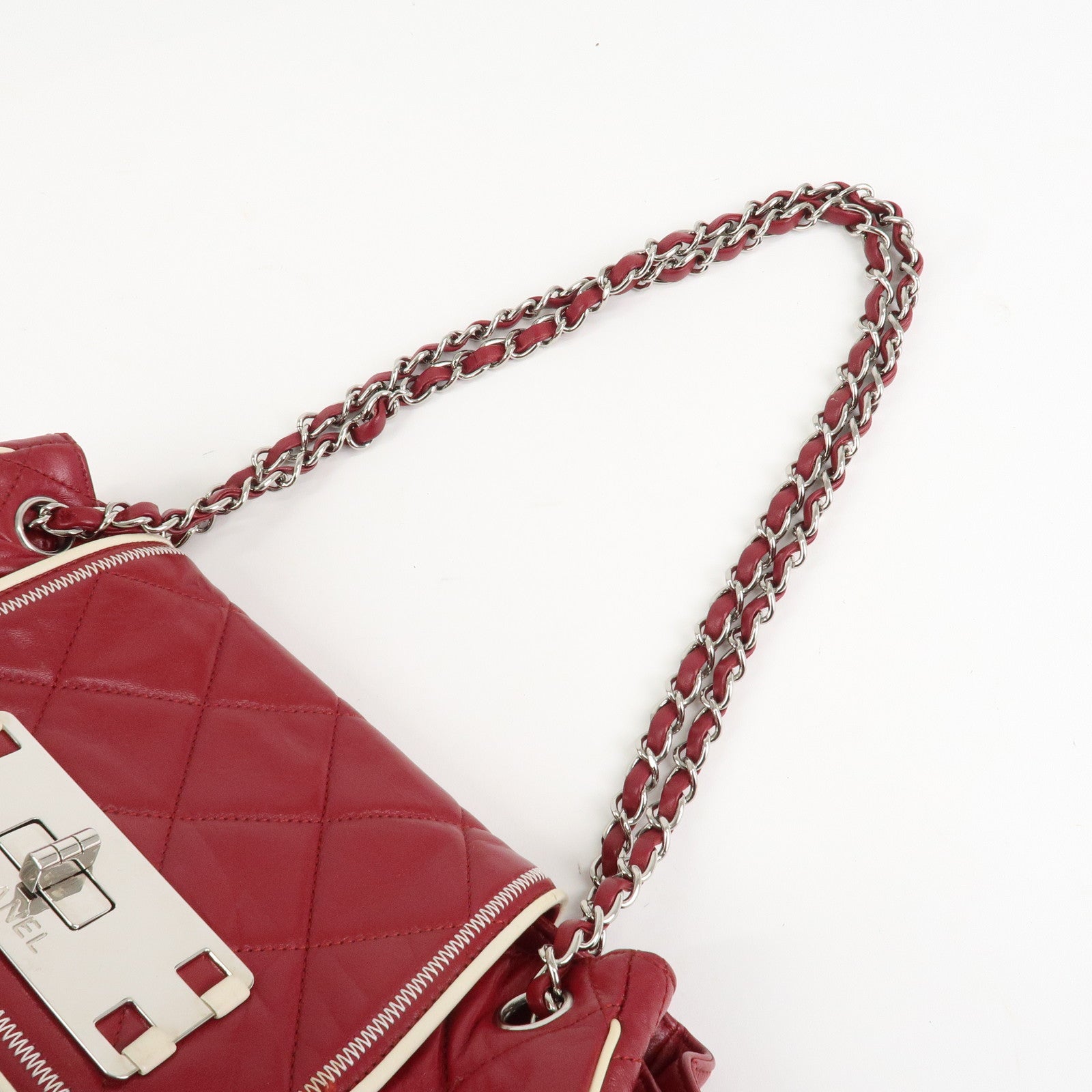 CHANEL 2.55 Lamb Skin Leather Chain Shoulder Bag Red Used