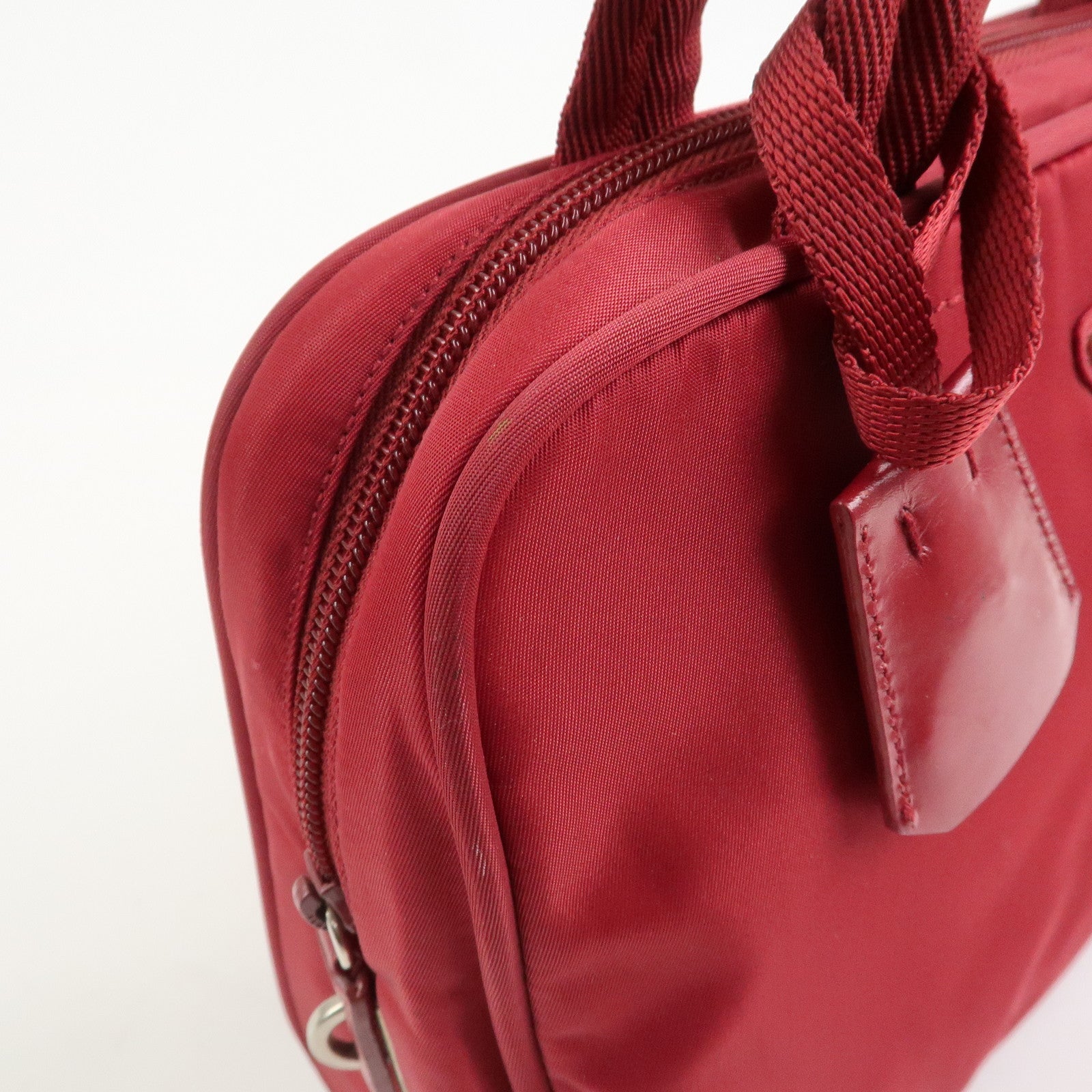 PRADA Triangle Logo Nylon Leather Hand Bag Wine Red B8495