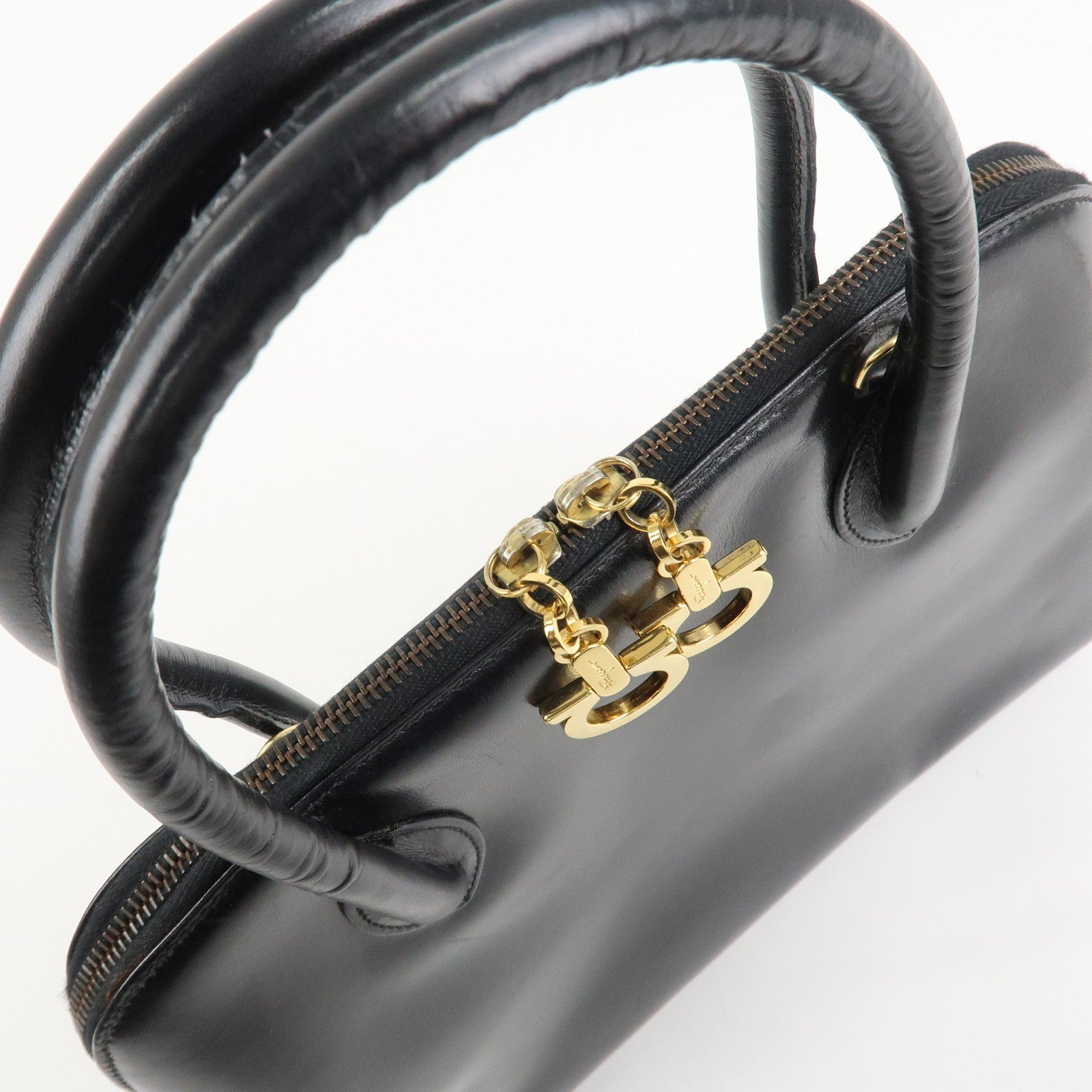 Ferragamo Leather 2Way Hand Shoulder Bag Black Gold HDW AK5644 Used