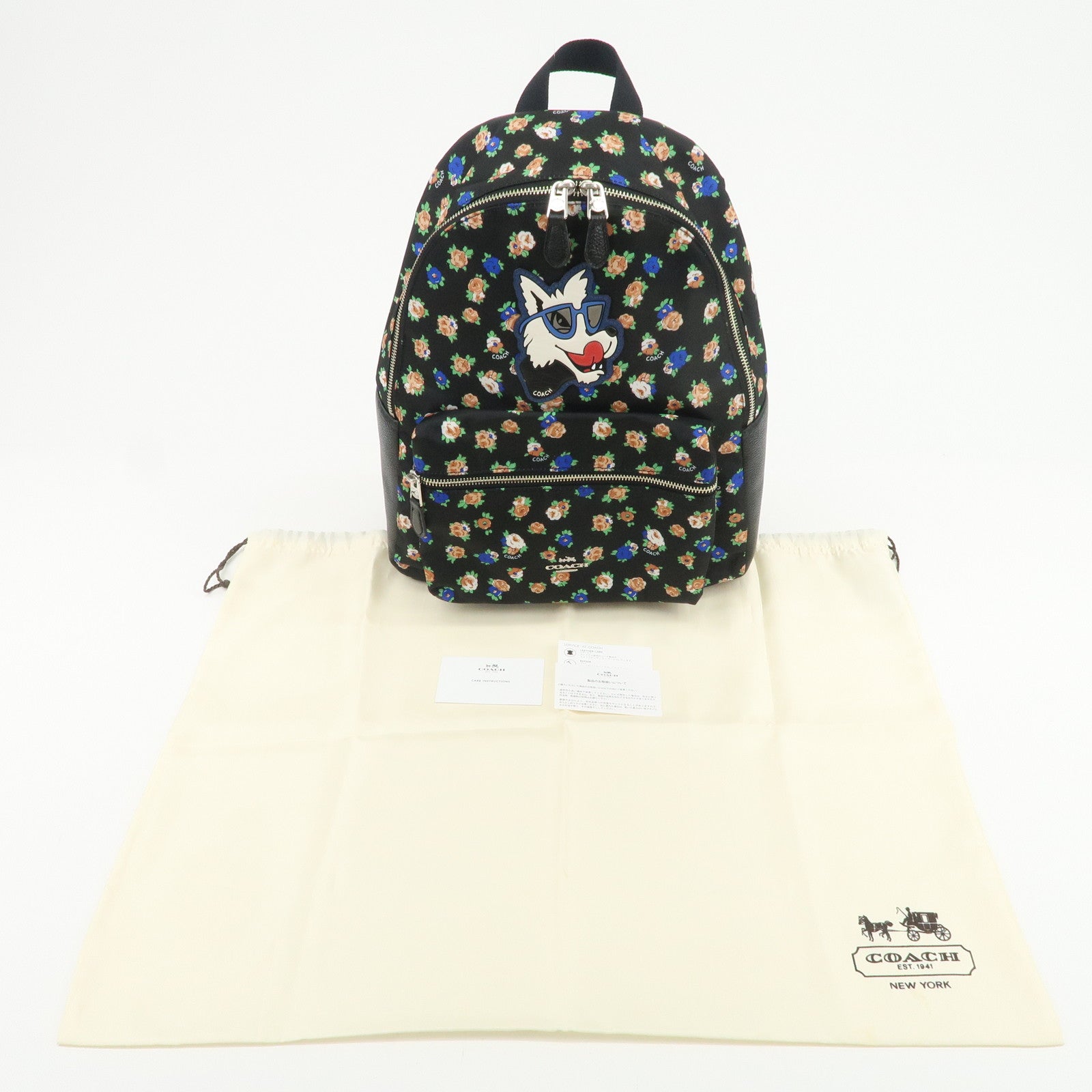 COACH Charlie Nylon Leather Floral Backpack Rucksack Black