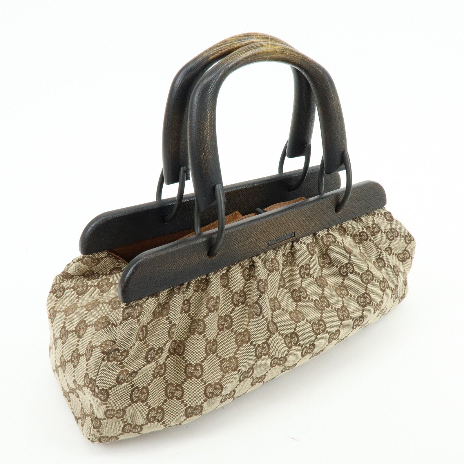 GUCCI GG Monogram Canvas Wood Handle Hand Bag Brown 112683