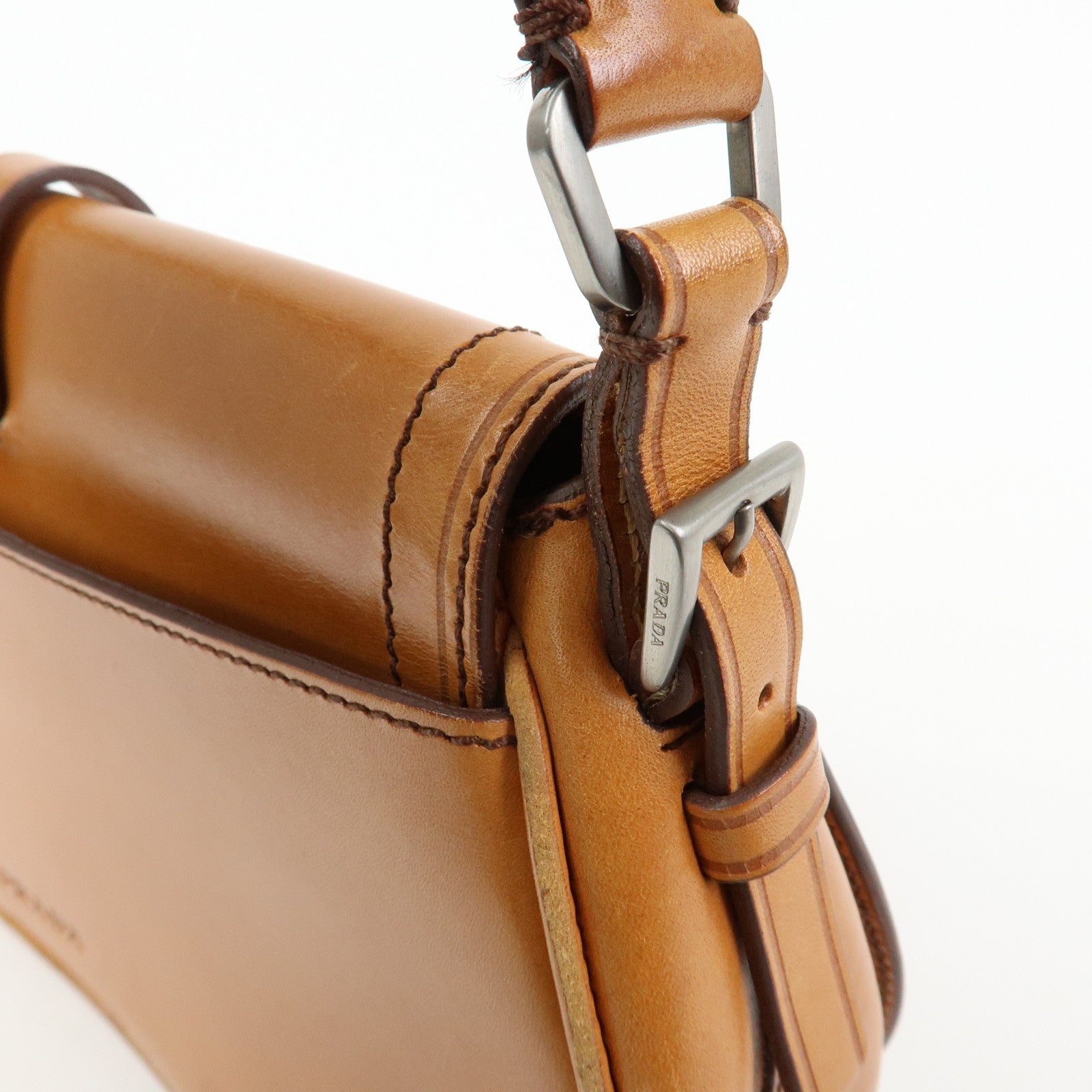 PRADA Logo Leather Shoulder Bag Hand Bag Brown