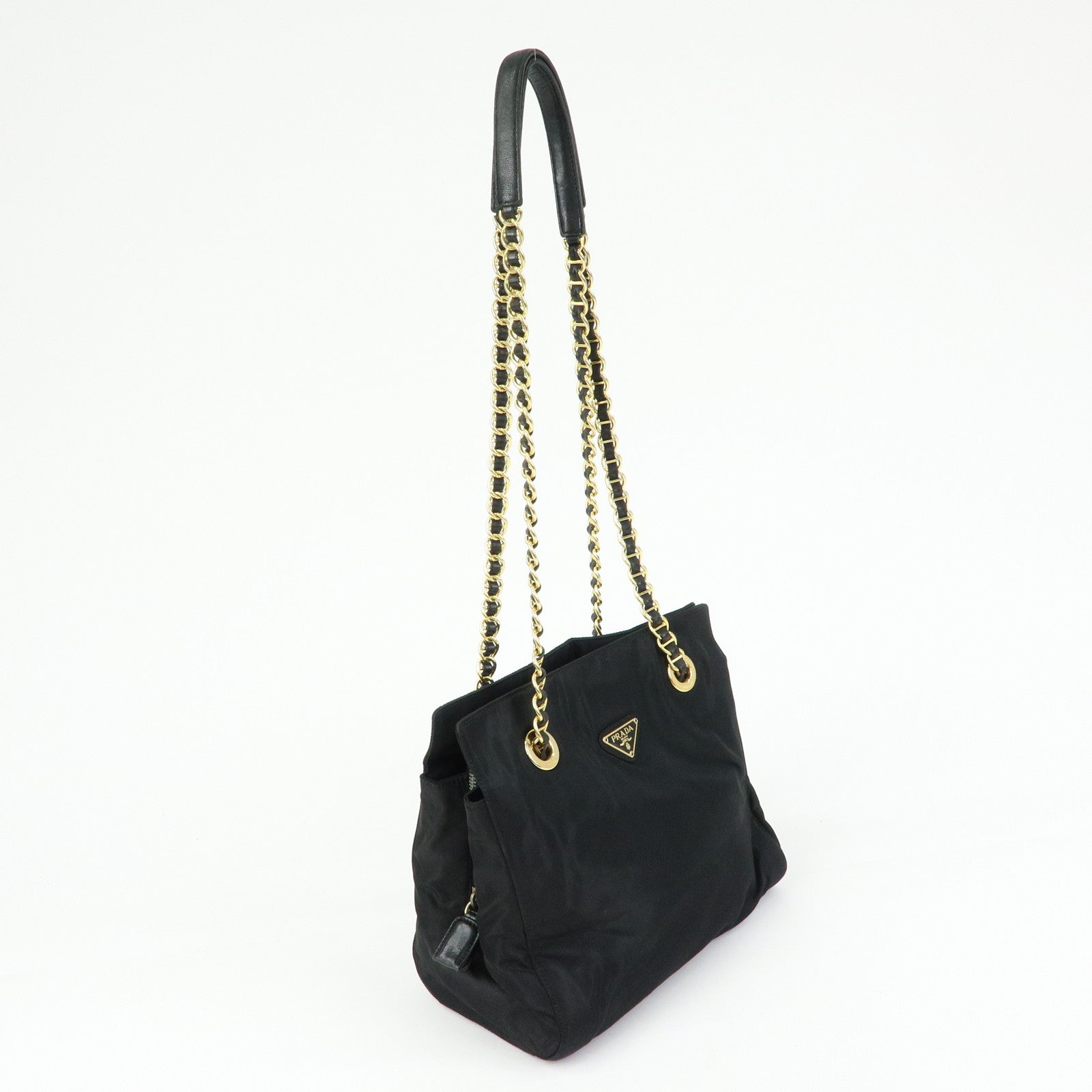 PRADA Triangle Logo Nylon Leather Chain Shoulder Bag Black B4394