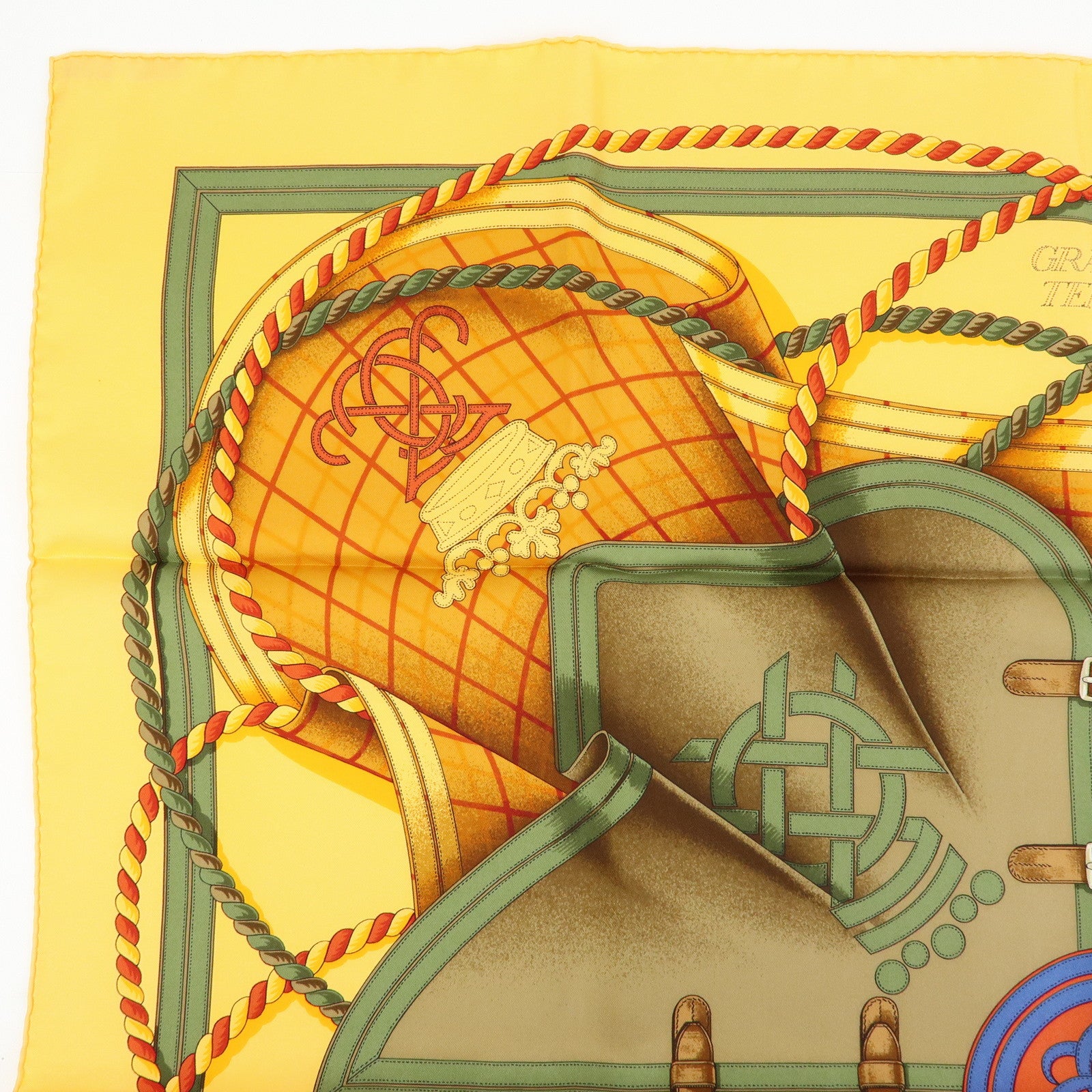 HERMES Carre 90 Silk 100% Scarf GRANDE TENUE Yellow Brown Green