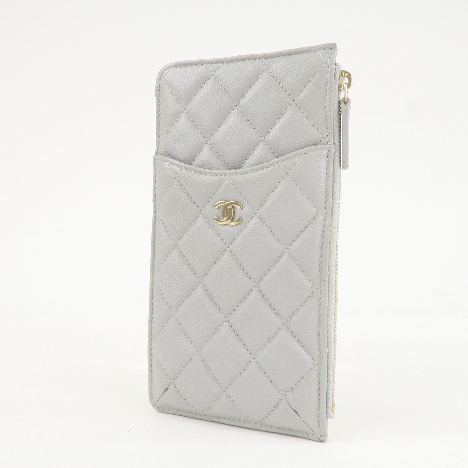 CHANEL Matelasse Caviar Skin Coco Mark Classic Pouch Card Case Gray Used