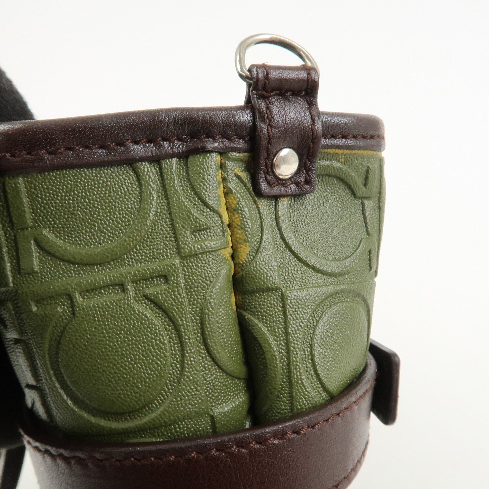 Ferragamo Gancini Embossed Leather 2Way Hand Shoulder Bag Green