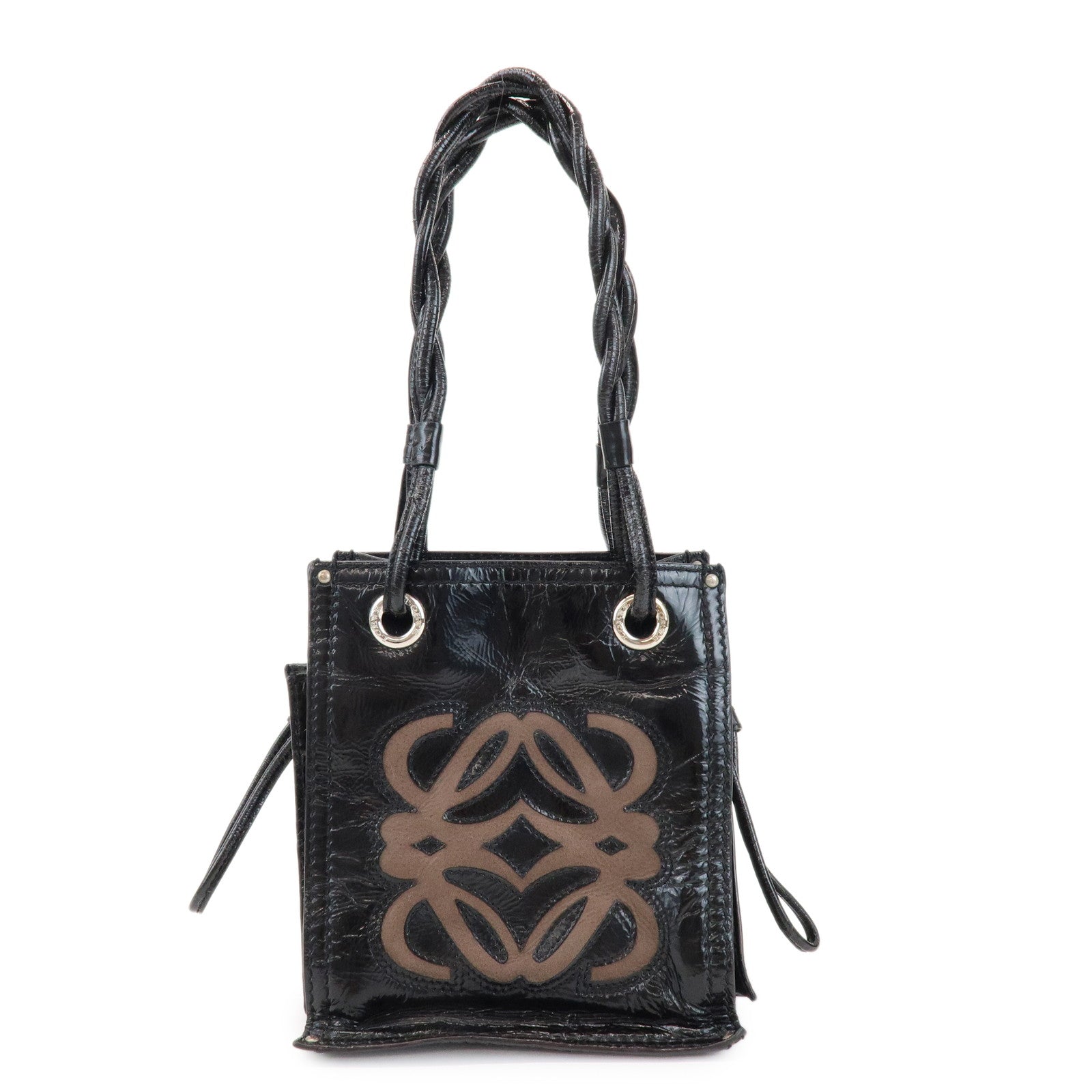 LOEWE Anagram Patent Leather Hand Bag Shoulder Bag Black Brown