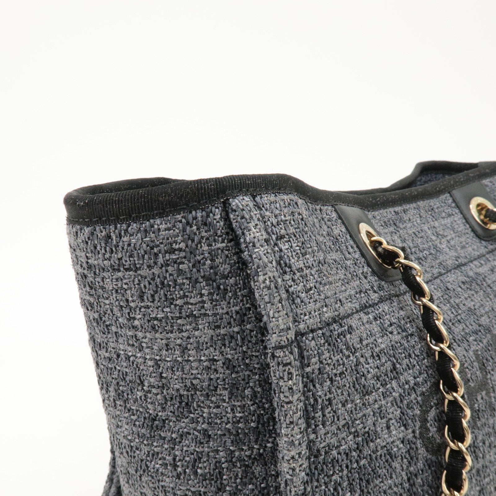 CHANEL Deauville Raffia Leather Chain Tote Bag MM Navy A66941 Used