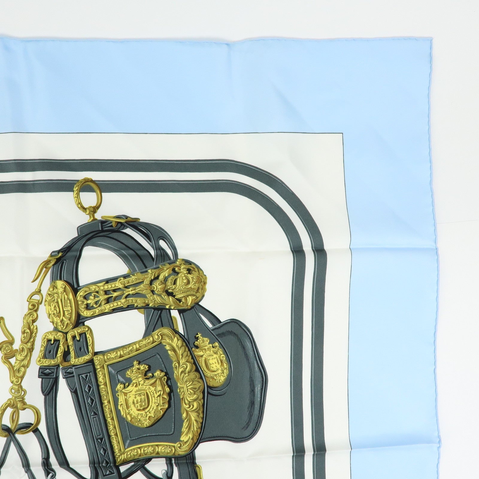 HERMES Carre 90 Silk 100% Scarf Brides de Gala Gray Light Blue Gold