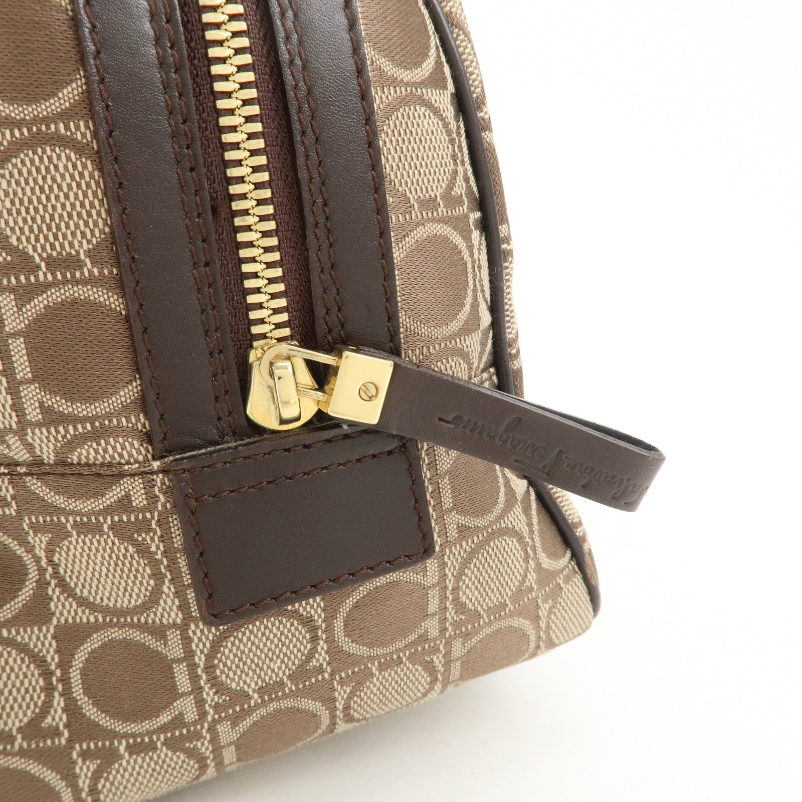 Ferragamo Gancini Leather Canvas Shoulder Bag Hand Bag Beige Brown