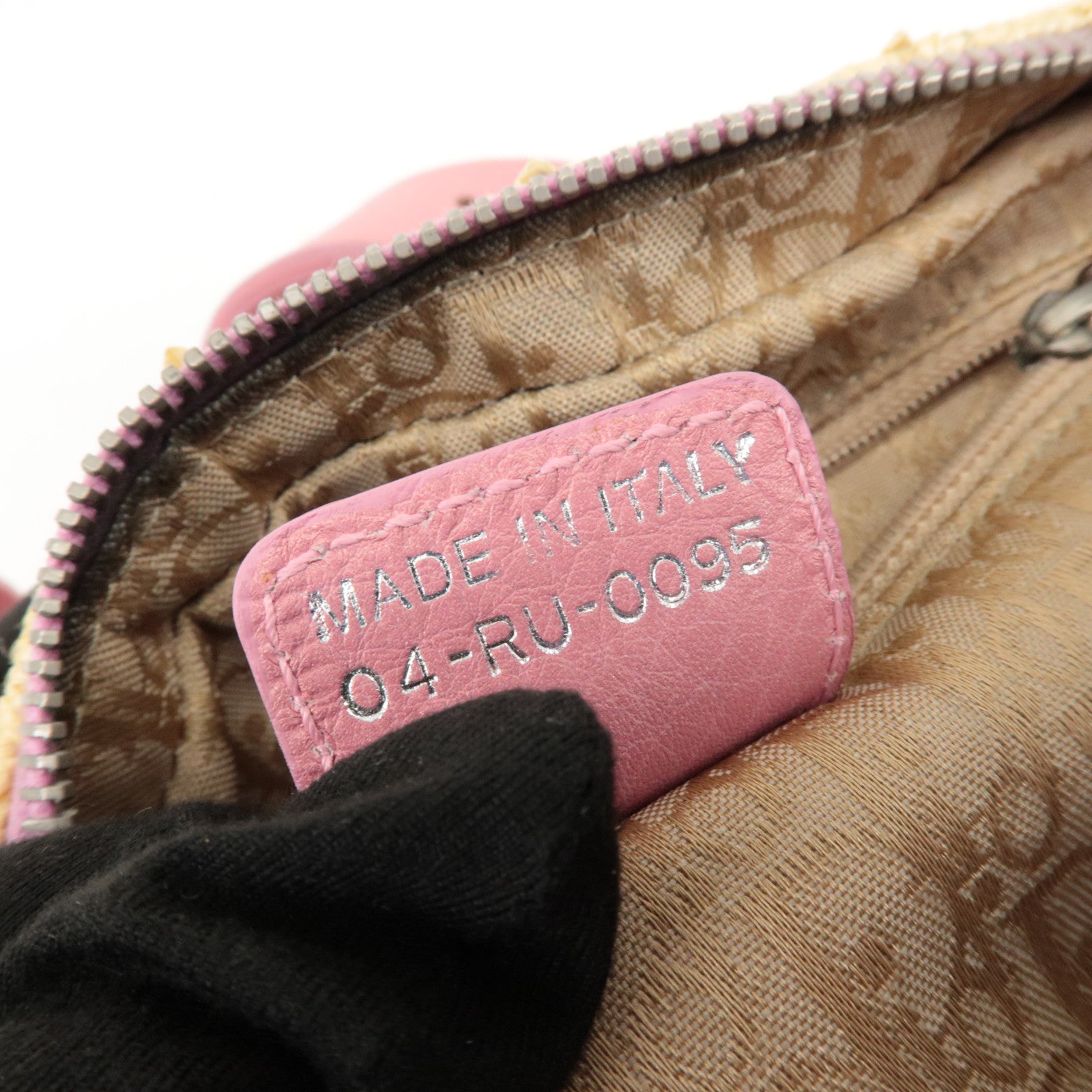 Christian Dior Leather Raffia Straw Hand Bag Pink Natural Used