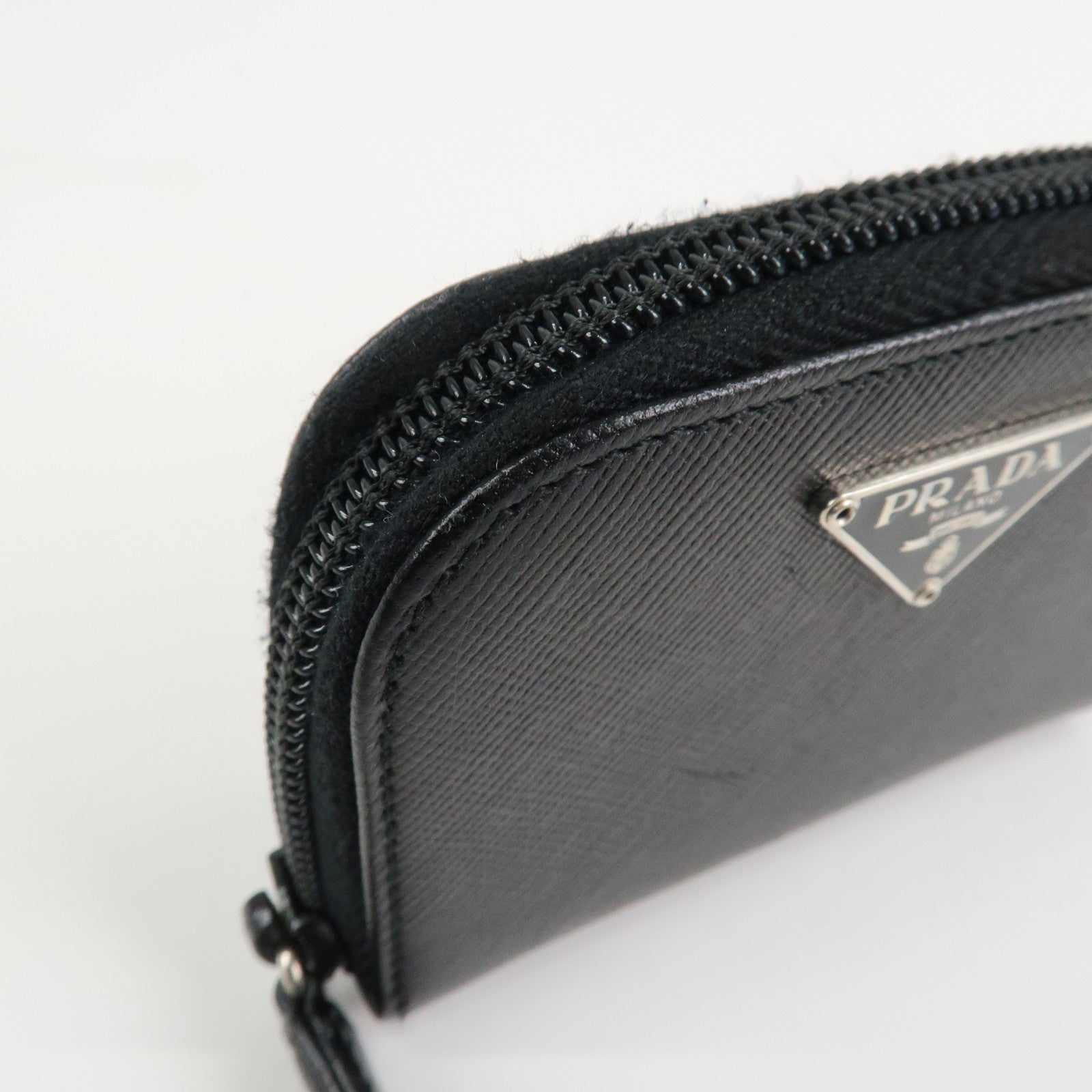 PRADA Triangle Logo Saffiano Leather Round Zippy Coin Case Black