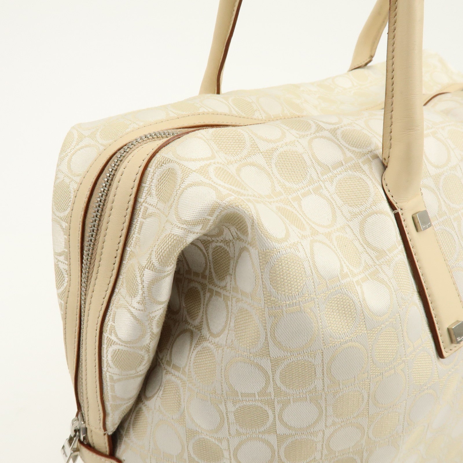 Ferragamo Gancini Canvas Leather Tote Bag Shoulder Bag Light Beige
