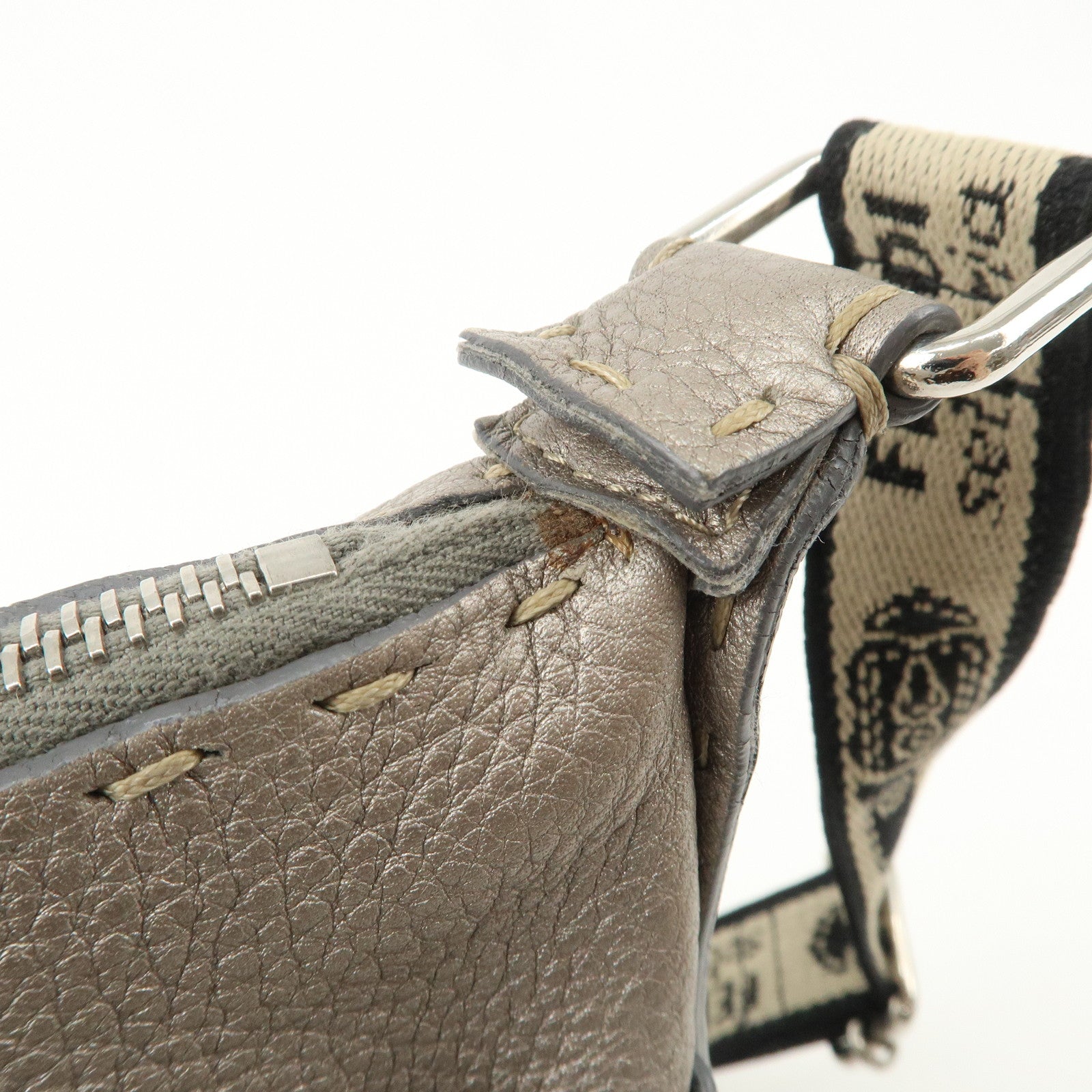 FENDI Selleria Leather Shoulder Bag Crossbody Bag Gray 8BT092