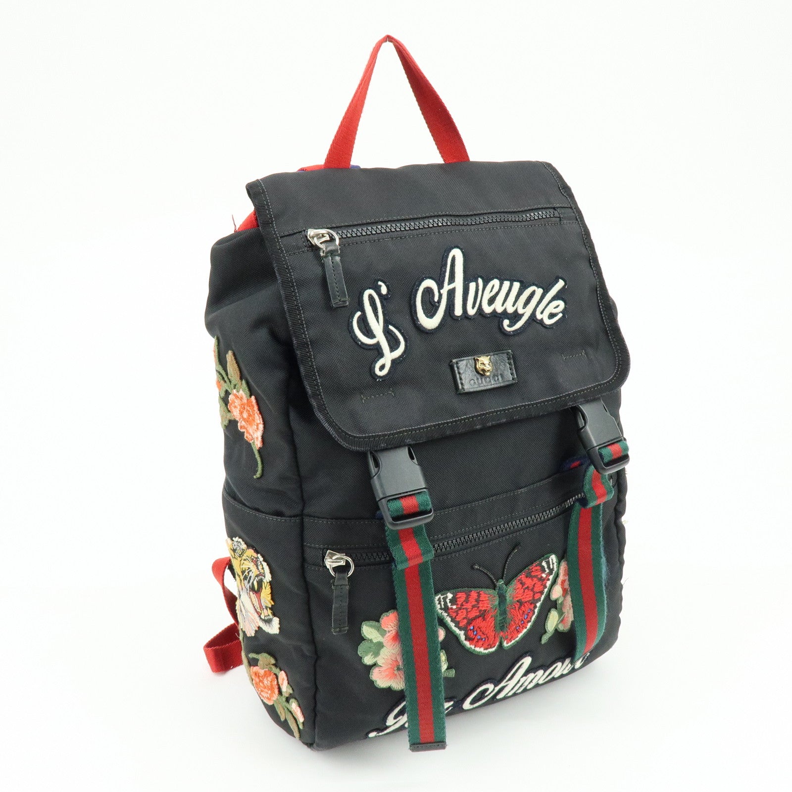GUCCI Sherry Cat Head Embroidery Tiger Canvas Backpack Black 450982