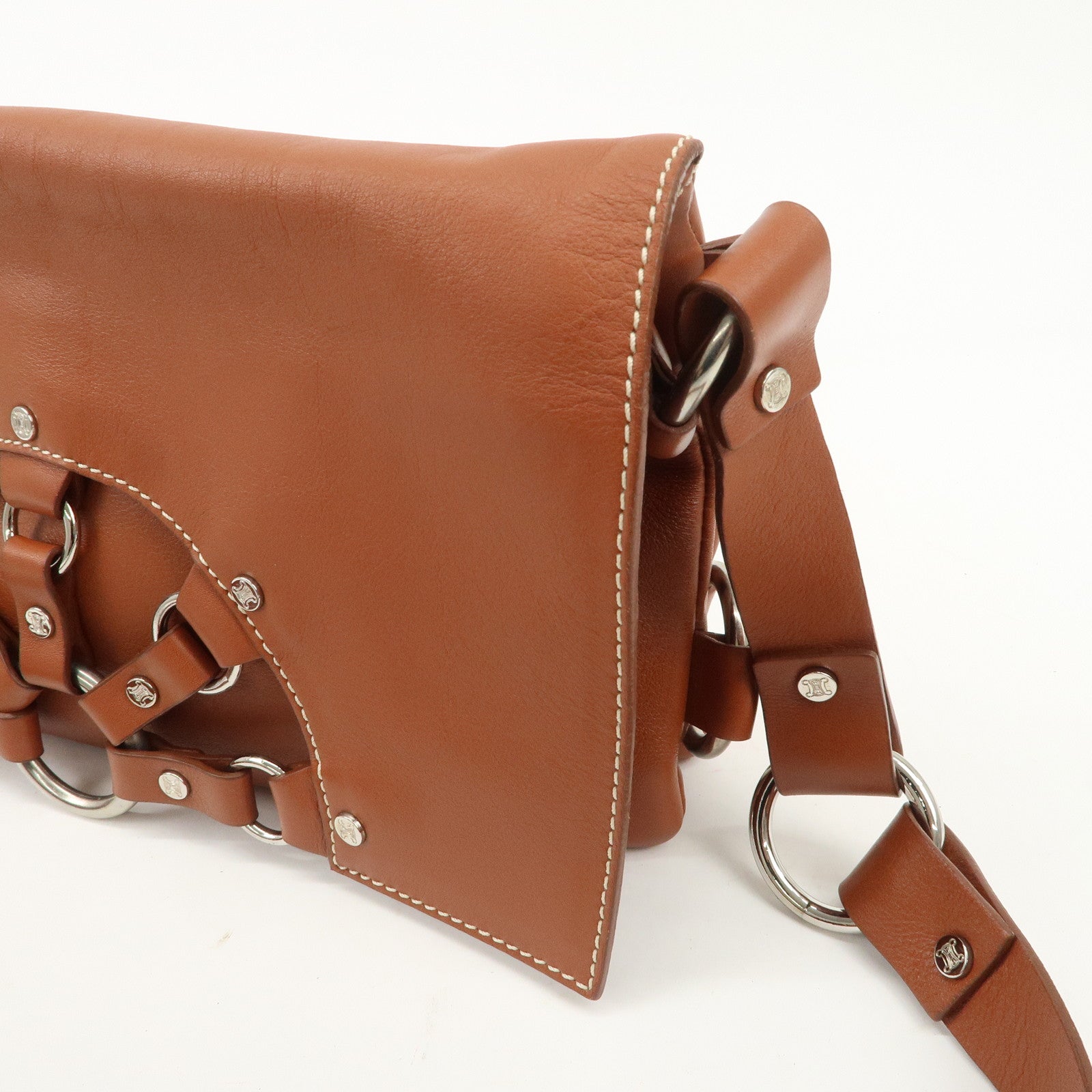 CELINE Leather Hand Bag Shoulder Bag Brown Silver HDW