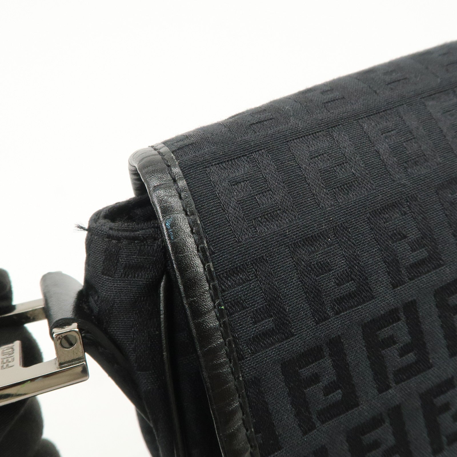 FENDI Zucchino Canvas Leather Shoulder Bag Black 8BR320