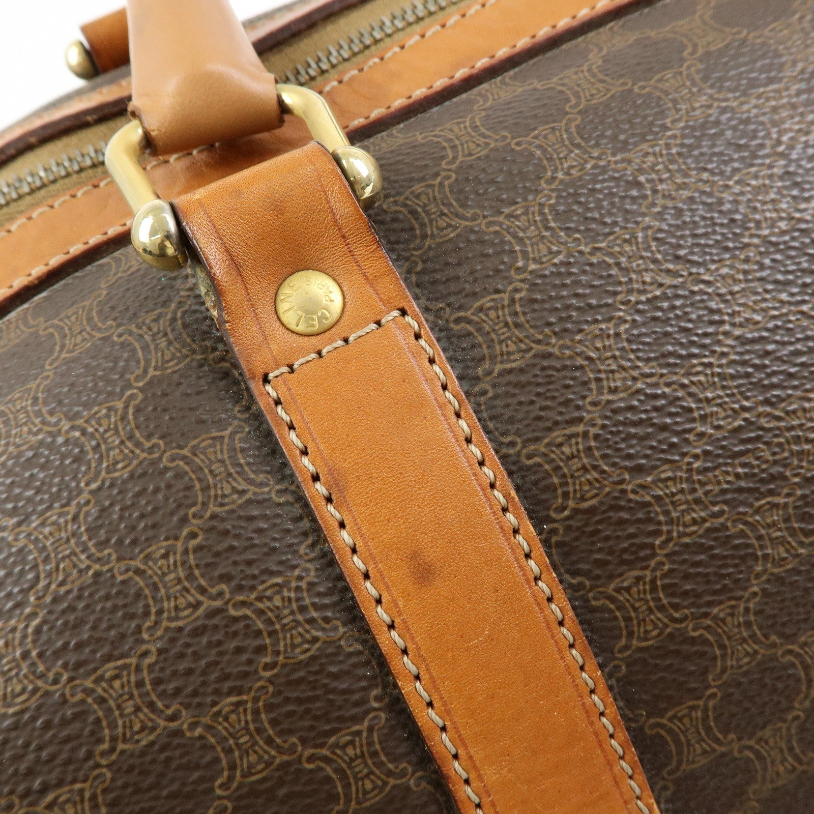CELINE Logo Macadam PVC Leather Boston Bag Hand Bag Brown