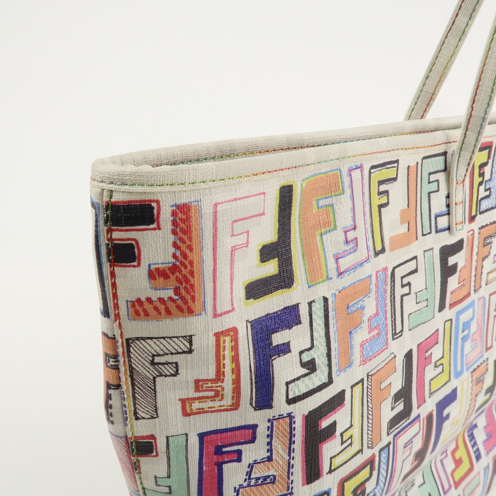FENDI Zucca Logo Print PVC Tote Bag Multicolor White 8BH185 Used