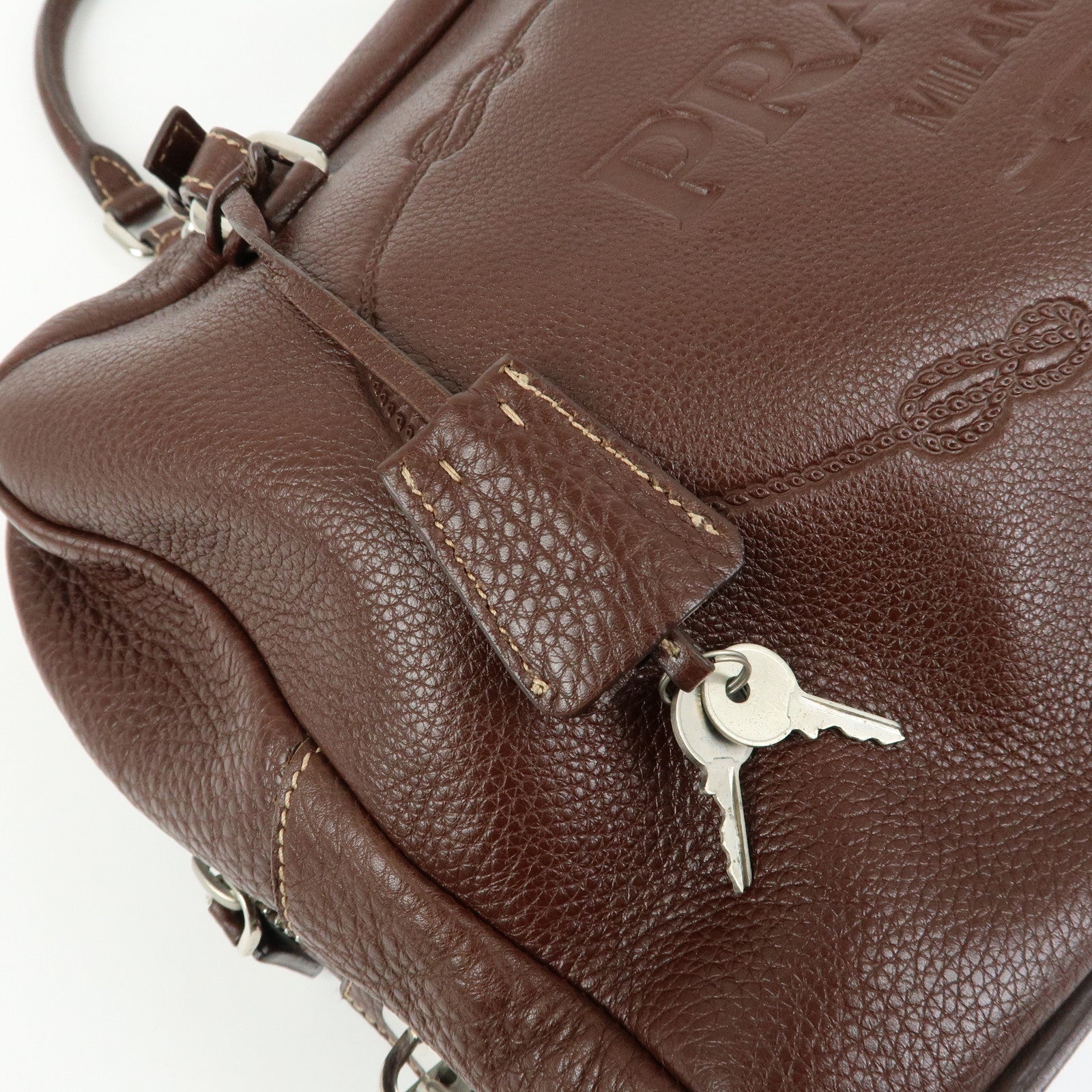 PRADA Vitello Daino Leather Boston Bag Hand Bag Brown BR3090