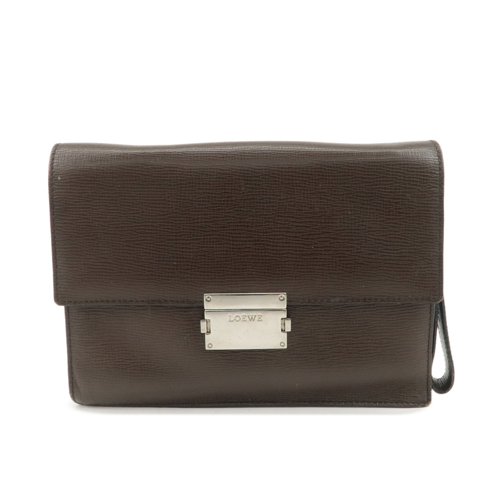 LOEWE Leather Clutch Bag Brown Silver HDW