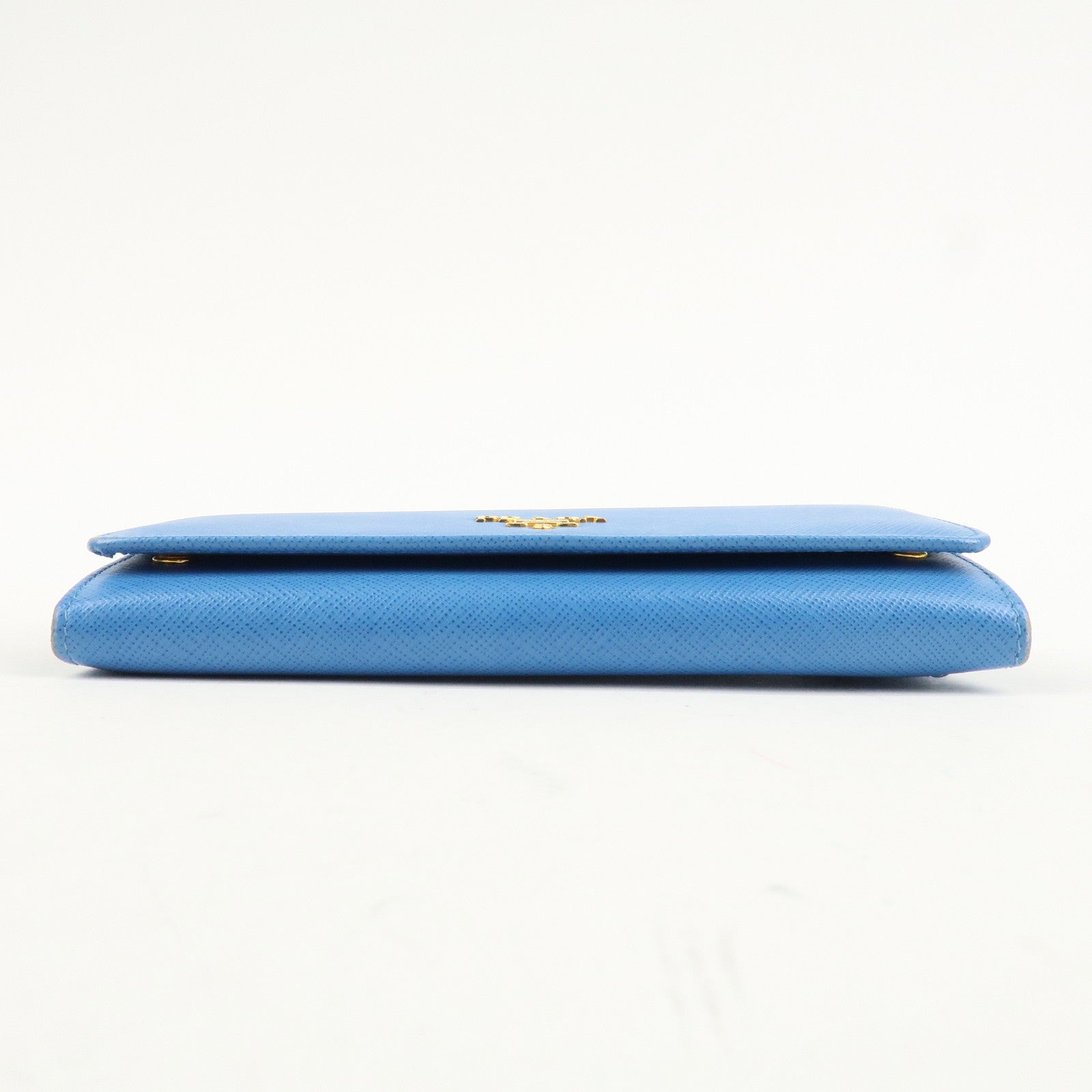 PRADA Saffiano Leather Bi-Fold Long Wallet Blue Gold HDW 1MH132 Used