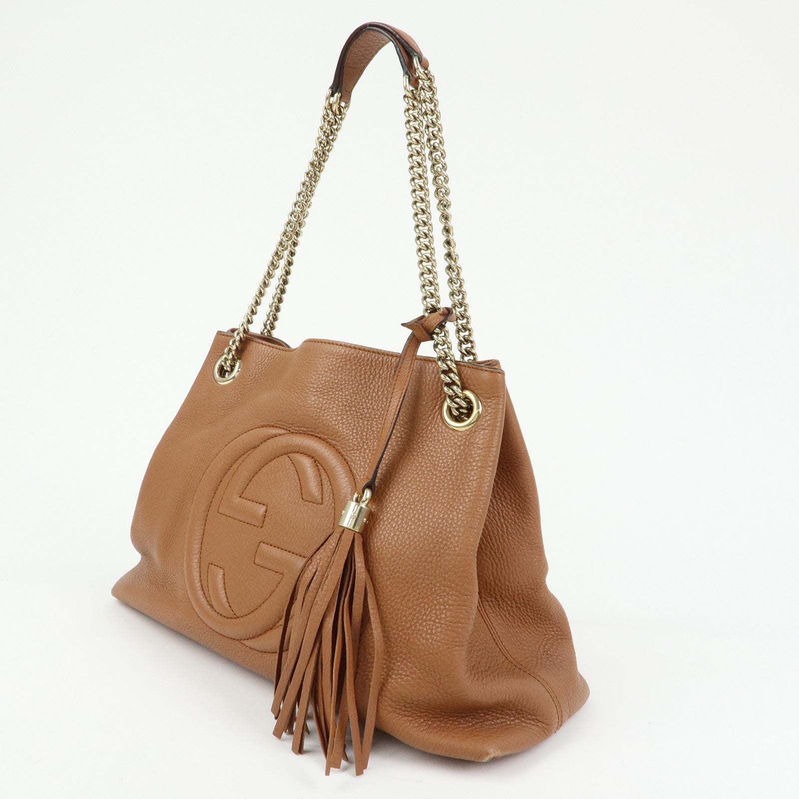 GUCCI SOHO Interlocking G Leather Chain Shoulder Bag Brown 308982